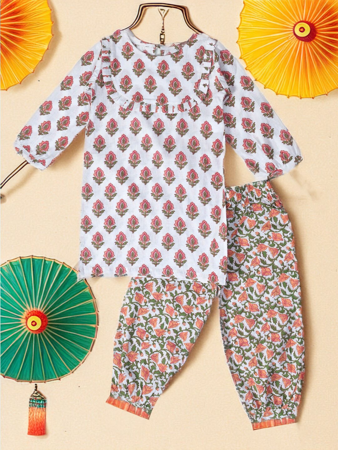 

BAESD Girls Floral Printed Pure Cotton Straight Kurta With Salwar, White