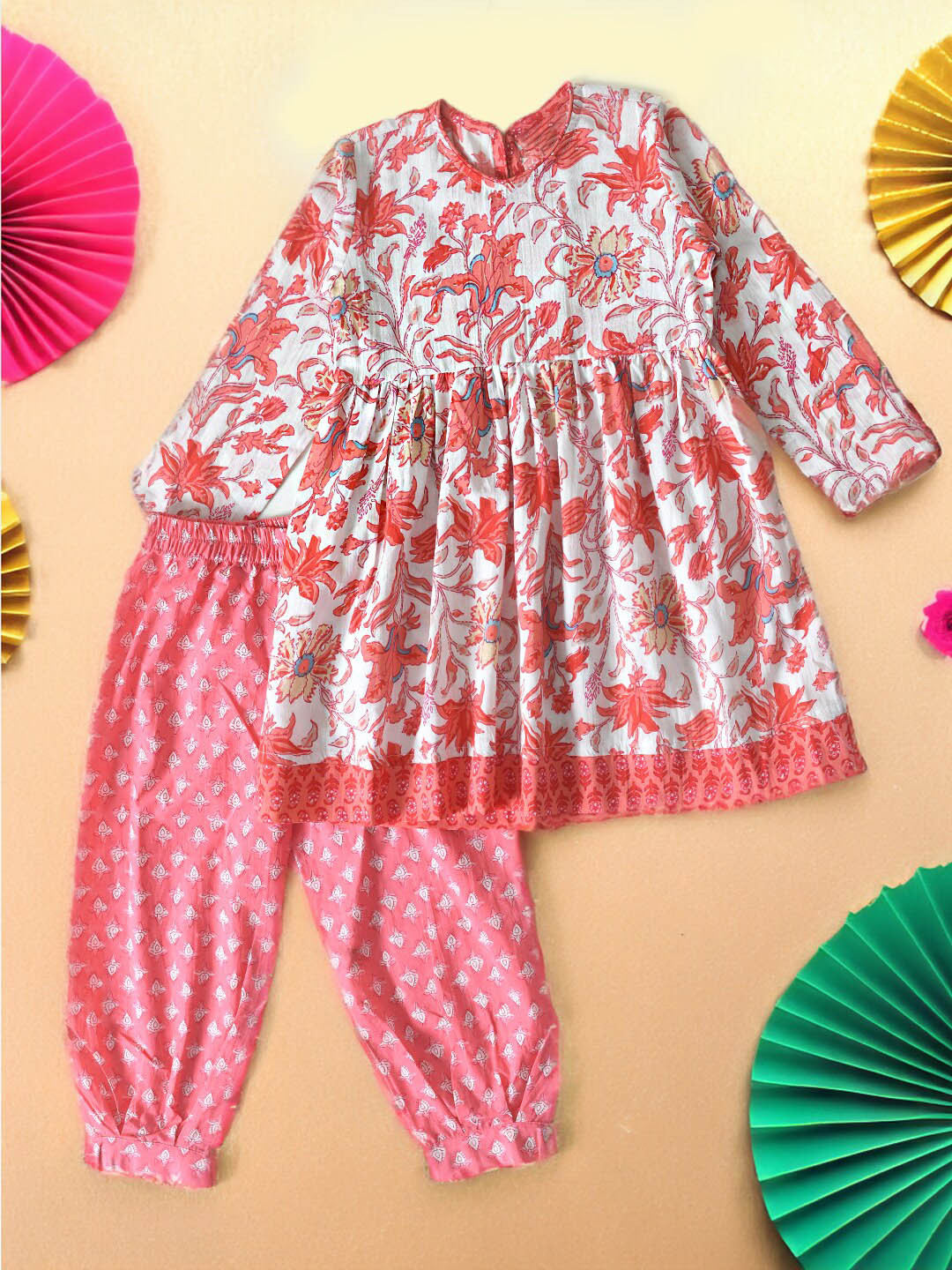 

BAESD Girls Floral Printed Regular Pure Cotton A-Line Kurti With Salwar, Red