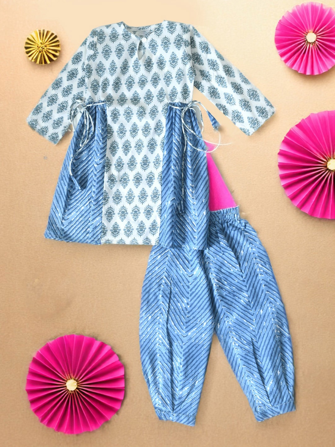 

BAESD Girls Ethnic Motifs Printed Pure Cotton A-Line Kurti With Salwar, Blue