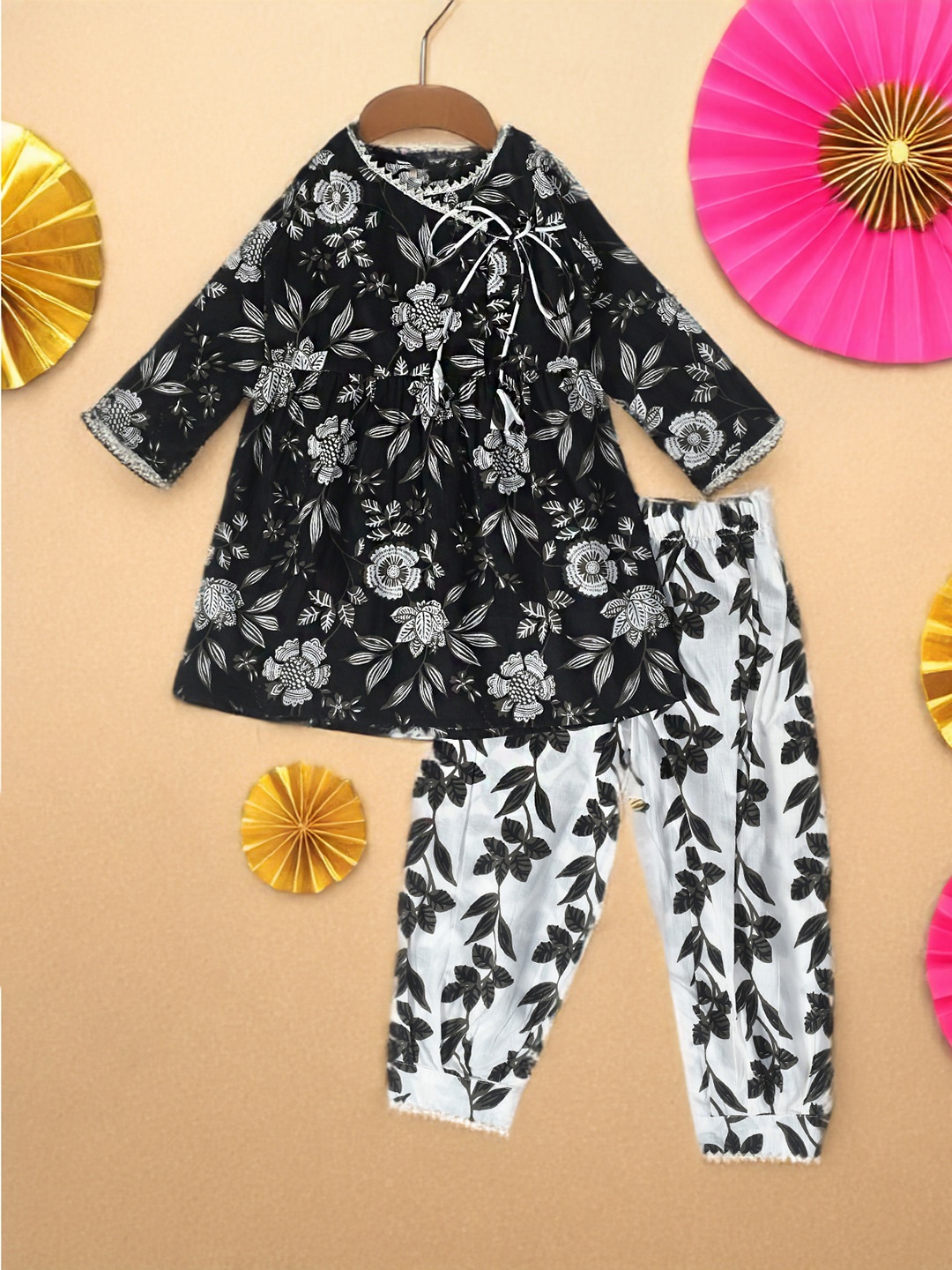 

BAESD Girls Floral Printed Angrakha Gotta Patti Pure Cotton A-Line Kurti With Salwar, Black