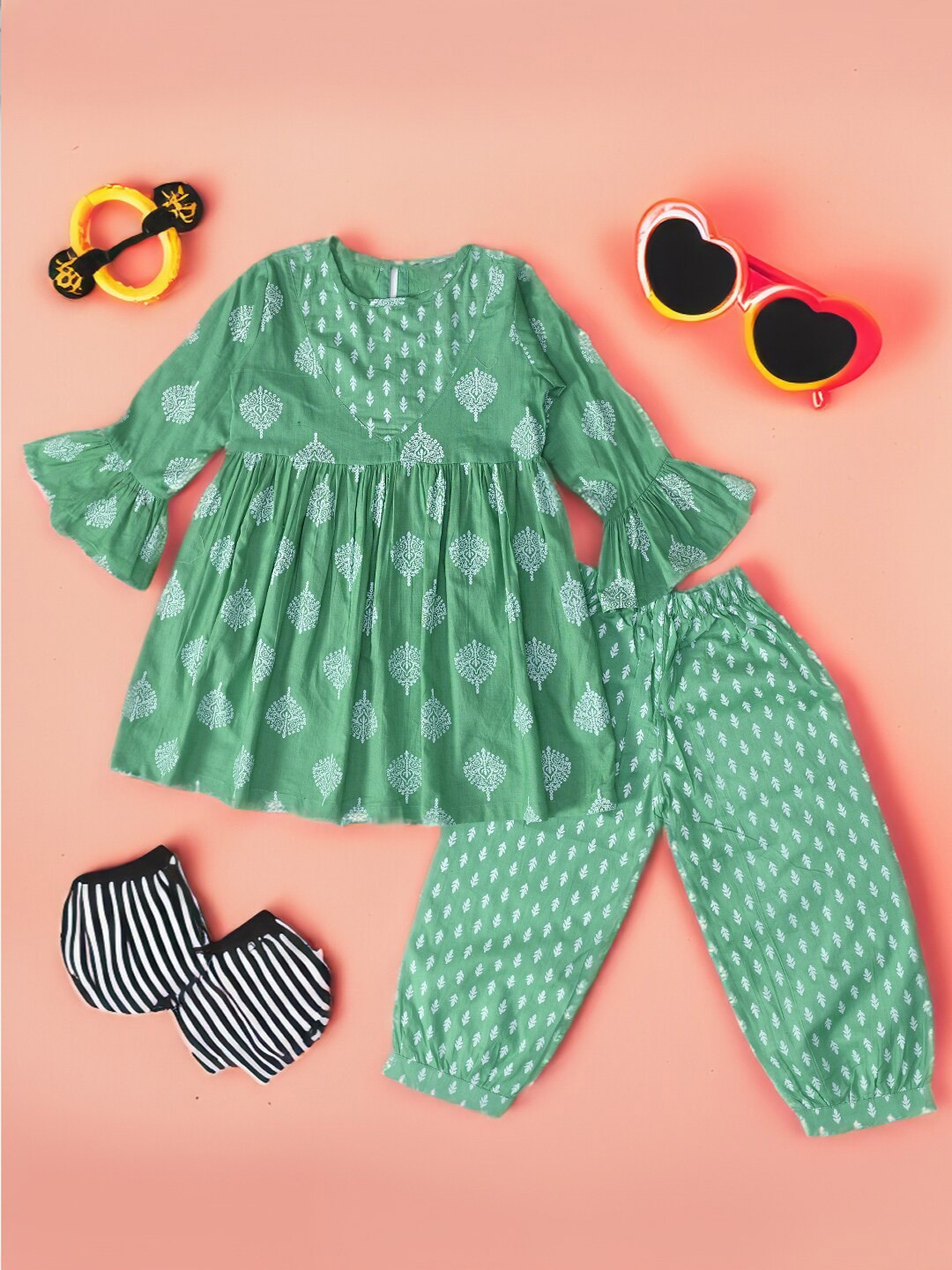 

BAESD Girls Ethnic Motifs Print Bell Sleeves Empire Pure Cotton A-Line Kurti With Salwar, Green
