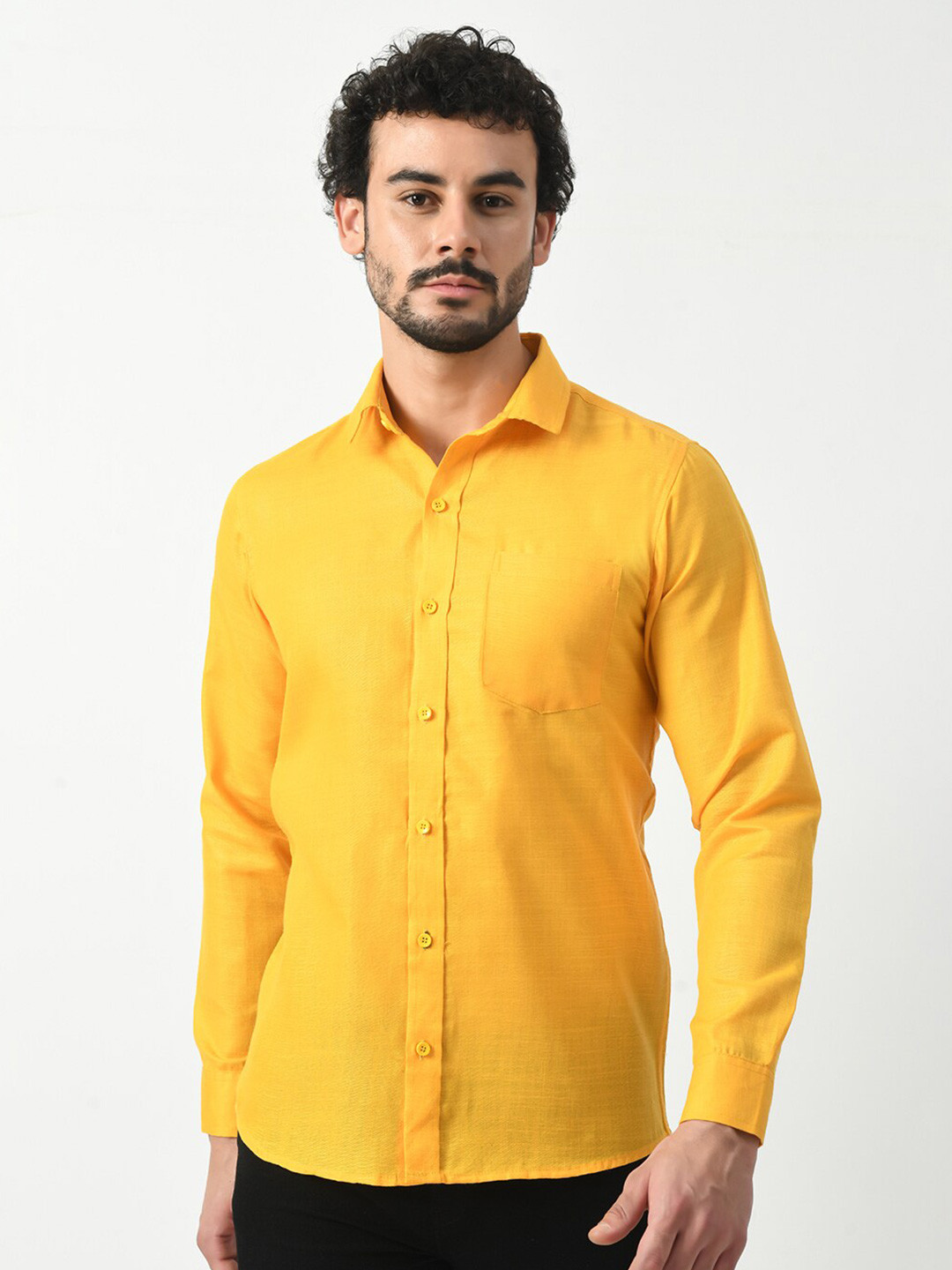 

PRINTCULTR Classic Spread Collar Cotton Linen Casual Shirt, Yellow