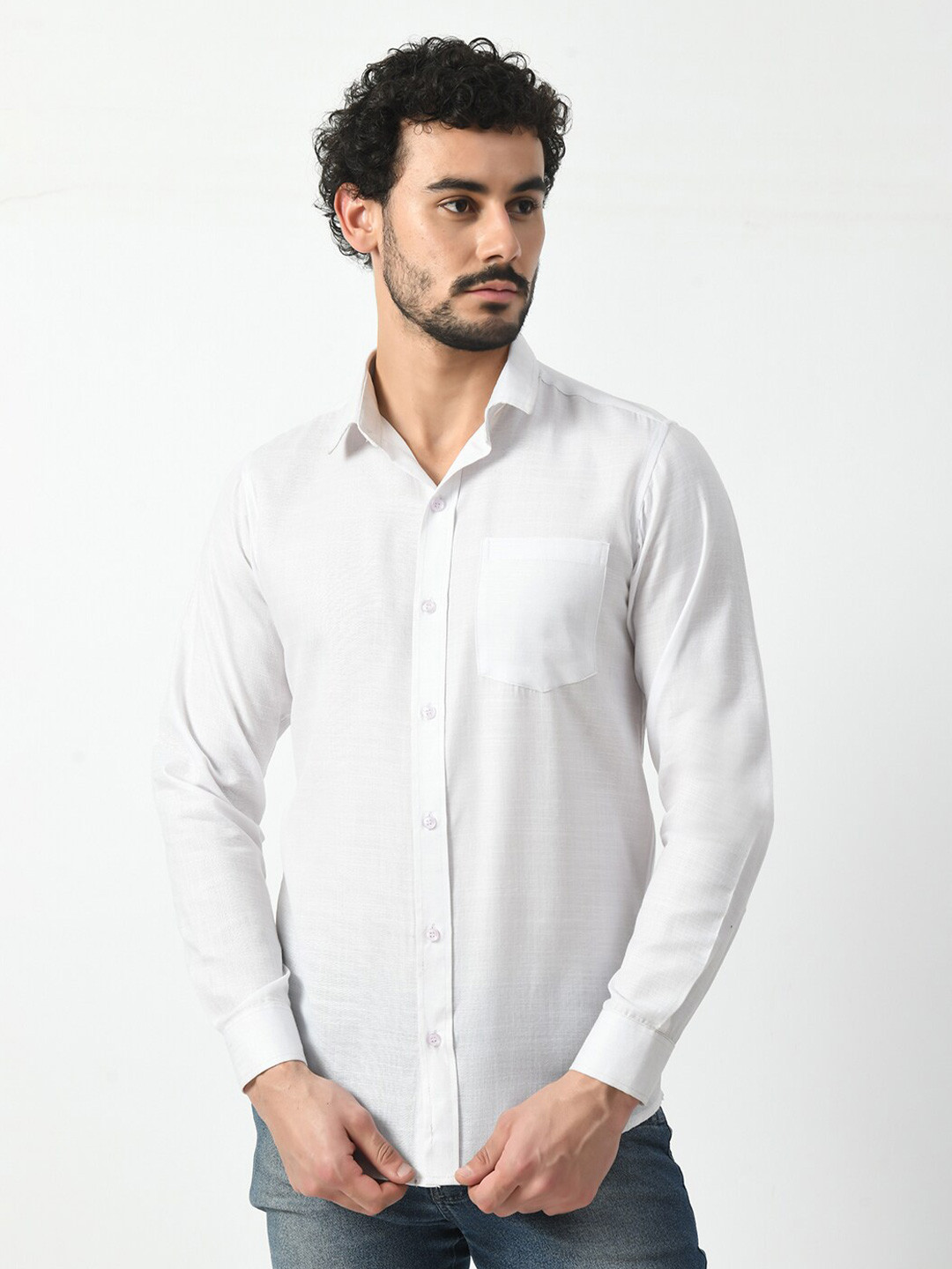 

PRINTCULTR Classic Spread Collar Cotton Linen Casual Shirt, White