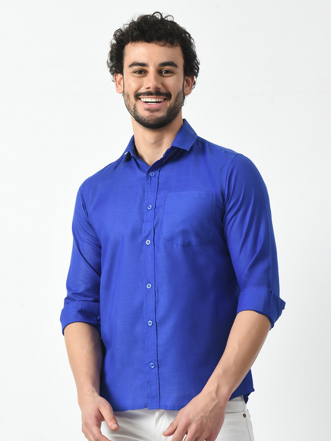 

PRINTCULTR Classic Spread Collar Cotton Linen Casual Shirt, Blue