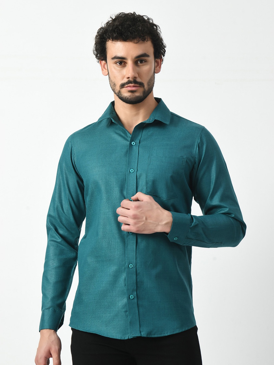 

PRINTCULTR Classic Spread Collar Cotton Linen Casual Shirt, Teal