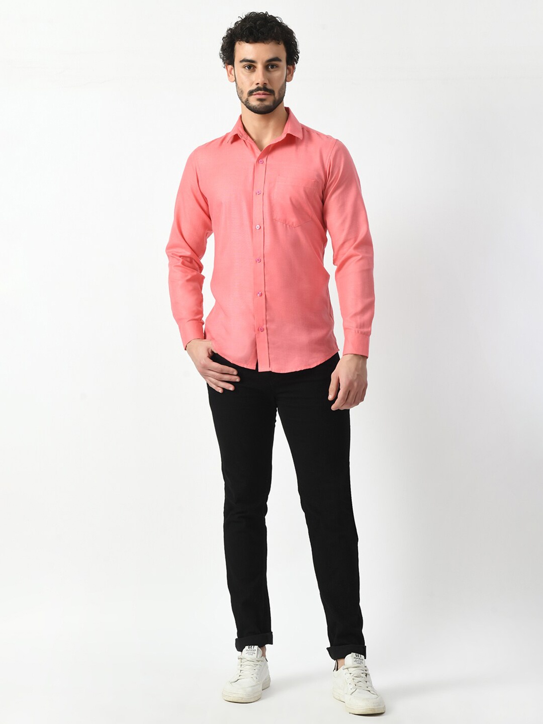 

PRINTCULTR Spread Collar Long Sleeves Classic Regular Fit Casual Shirt, Peach