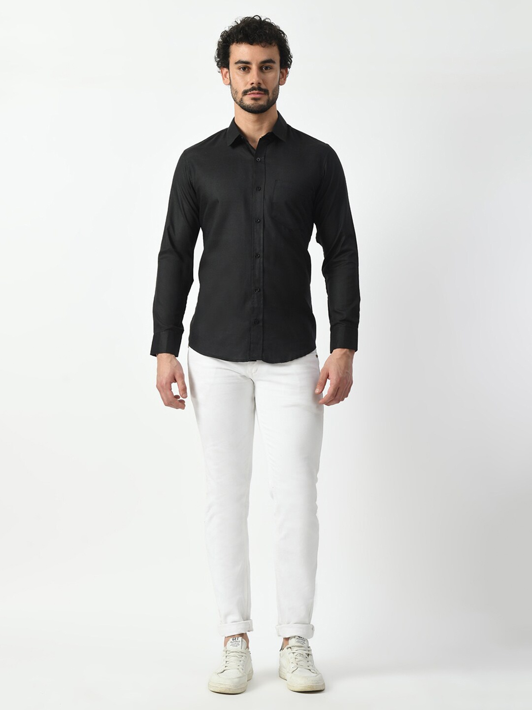 

PRINTCULTR Classic Spread Collar Cotton Linen Casual Shirt, Black