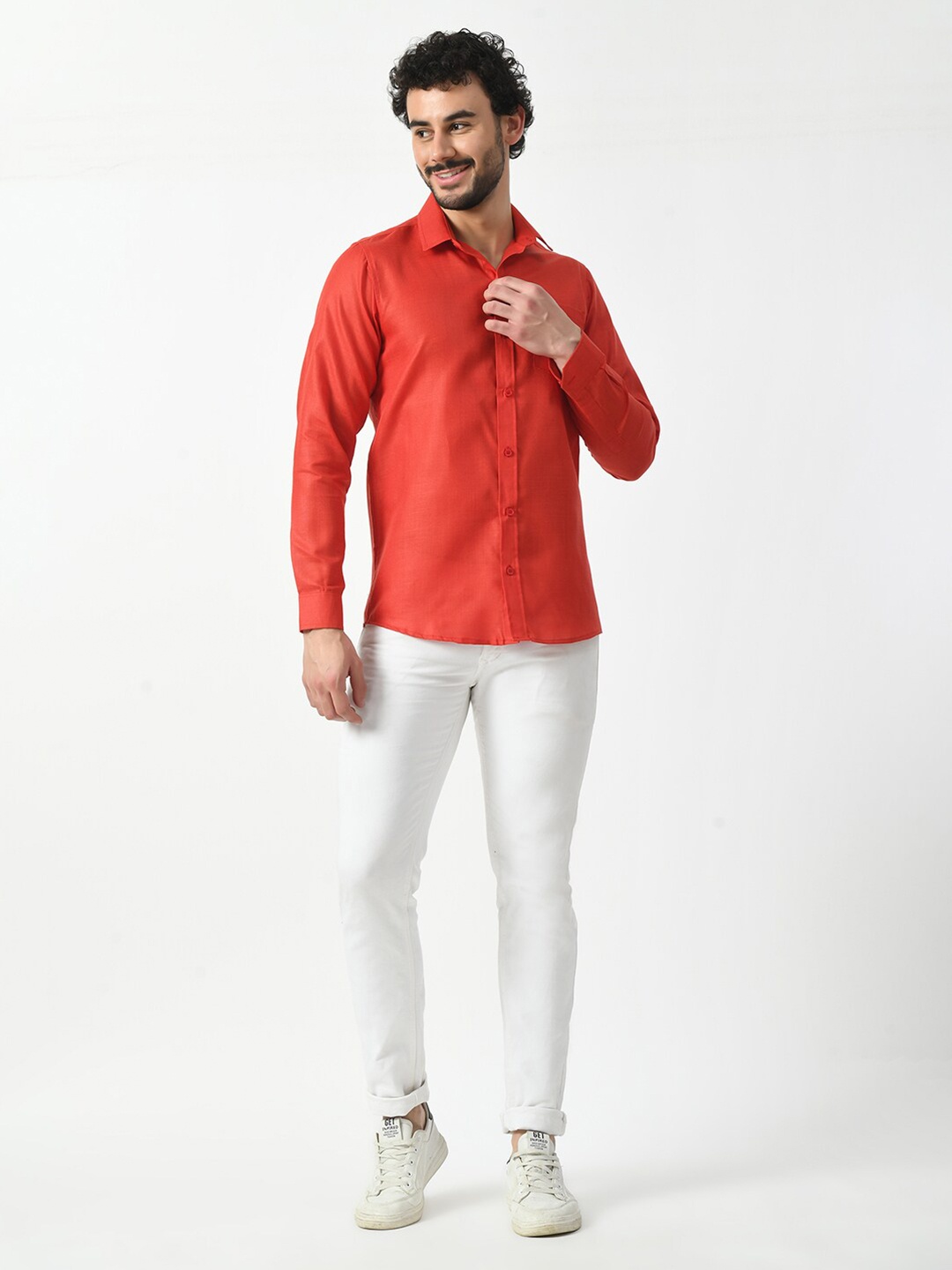 

PRINTCULTR Classic Spread Collar Cotton Linen Casual Shirt, Red