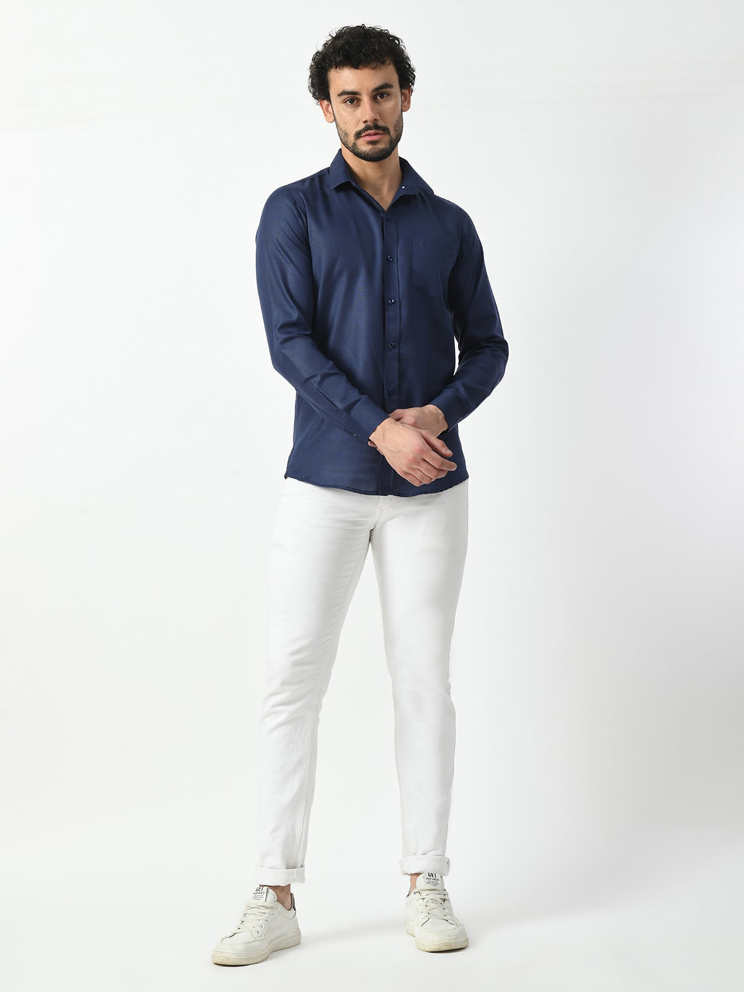 

PRINTCULTR Classic Spread Collar Cotton Linen Casual Shirt, Navy blue