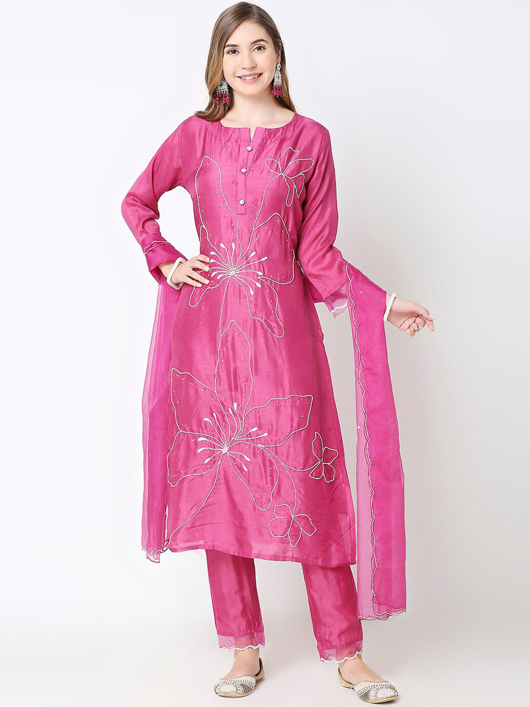 

GULABBO Floral Embroidered Regular Thread Work Raw Silk Kurta with Trousers & With Dupatta, Pink
