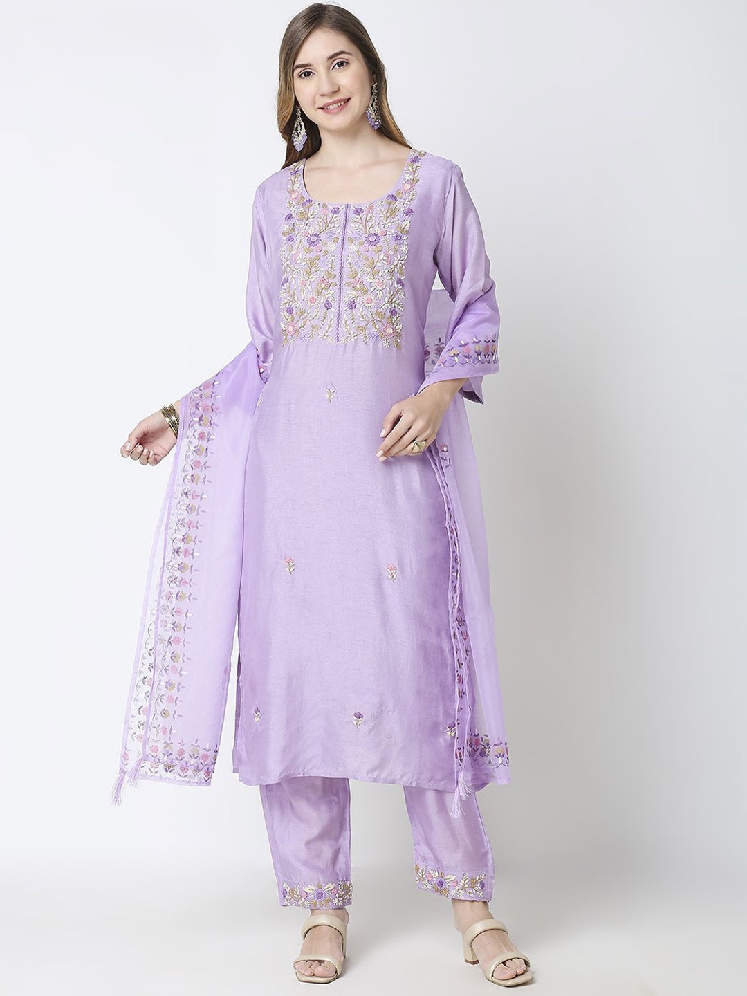 

GULABBO Ethnic Motifs Embroidered Round Neck Thread Work Raw Silk Straight Kurta Set, Yellow