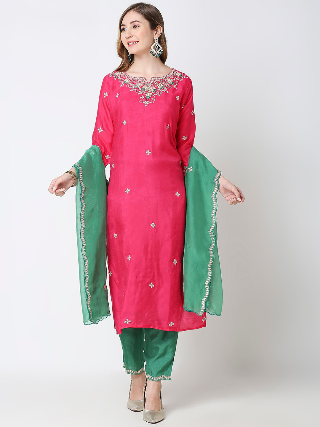 

GULABBO Floral Embroidered Raw Silk Kurta With Trouser & Dupatta, Pink