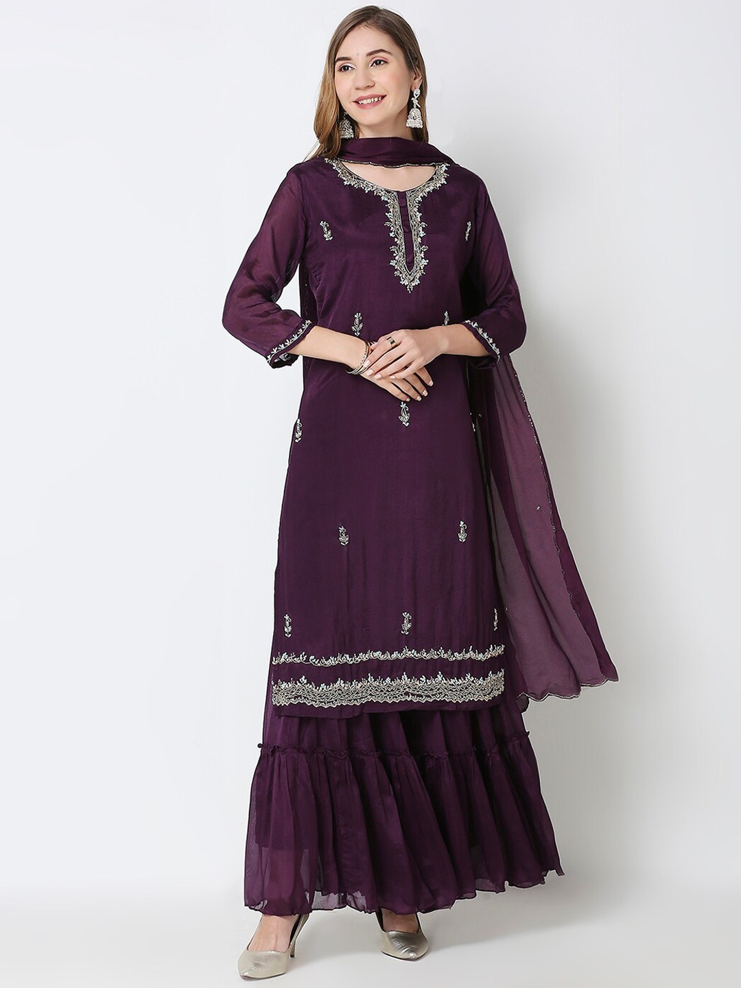 

GULABBO Ethnic Motifs Embroidered Beads and Stones Raw Silk Kurta With Sharara & Dupatta, Purple