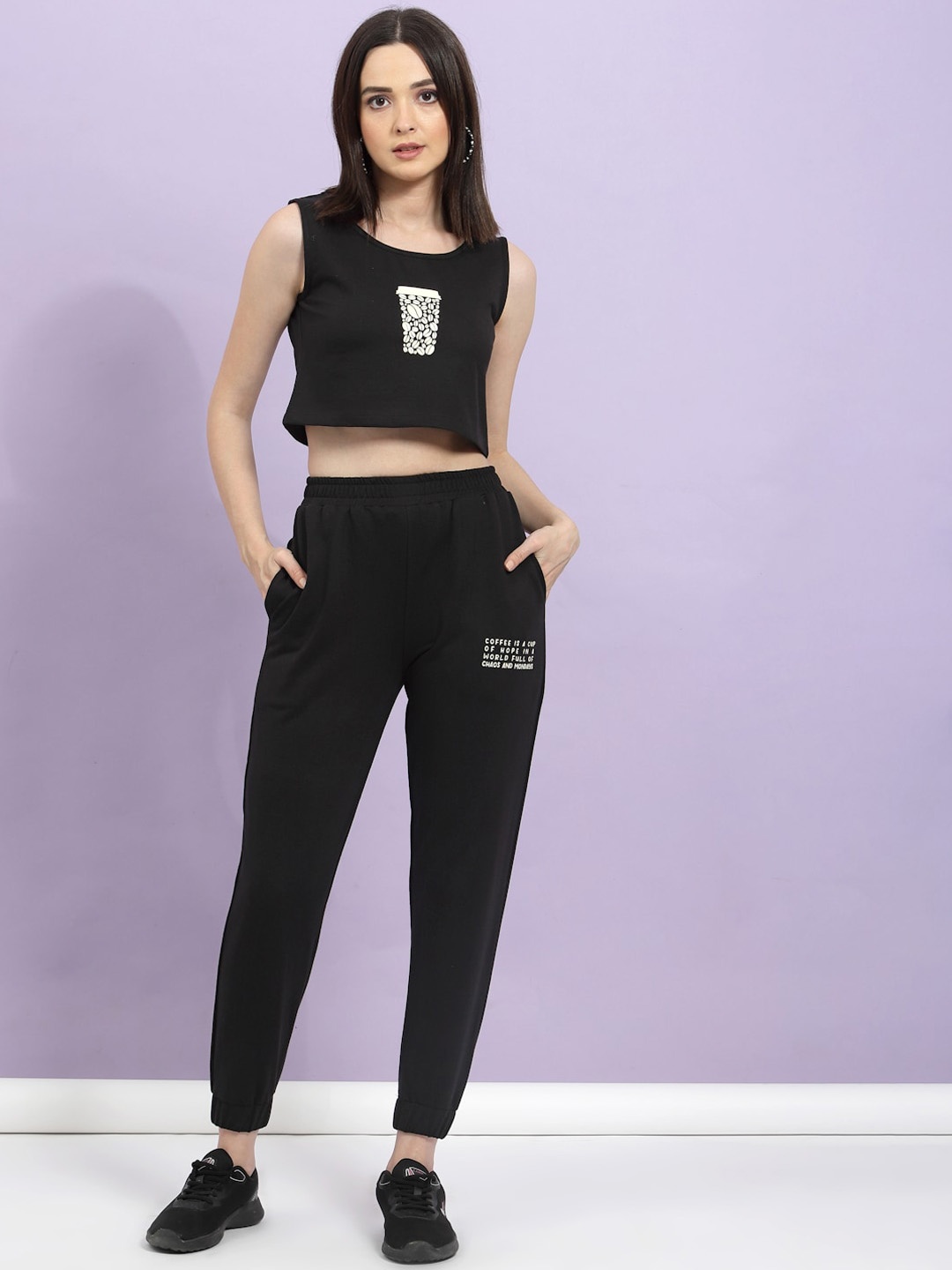 

Rigo Printed Scoop Neck Top & Mid-Rise Joggers Pure Cotton Co-Ords, Black
