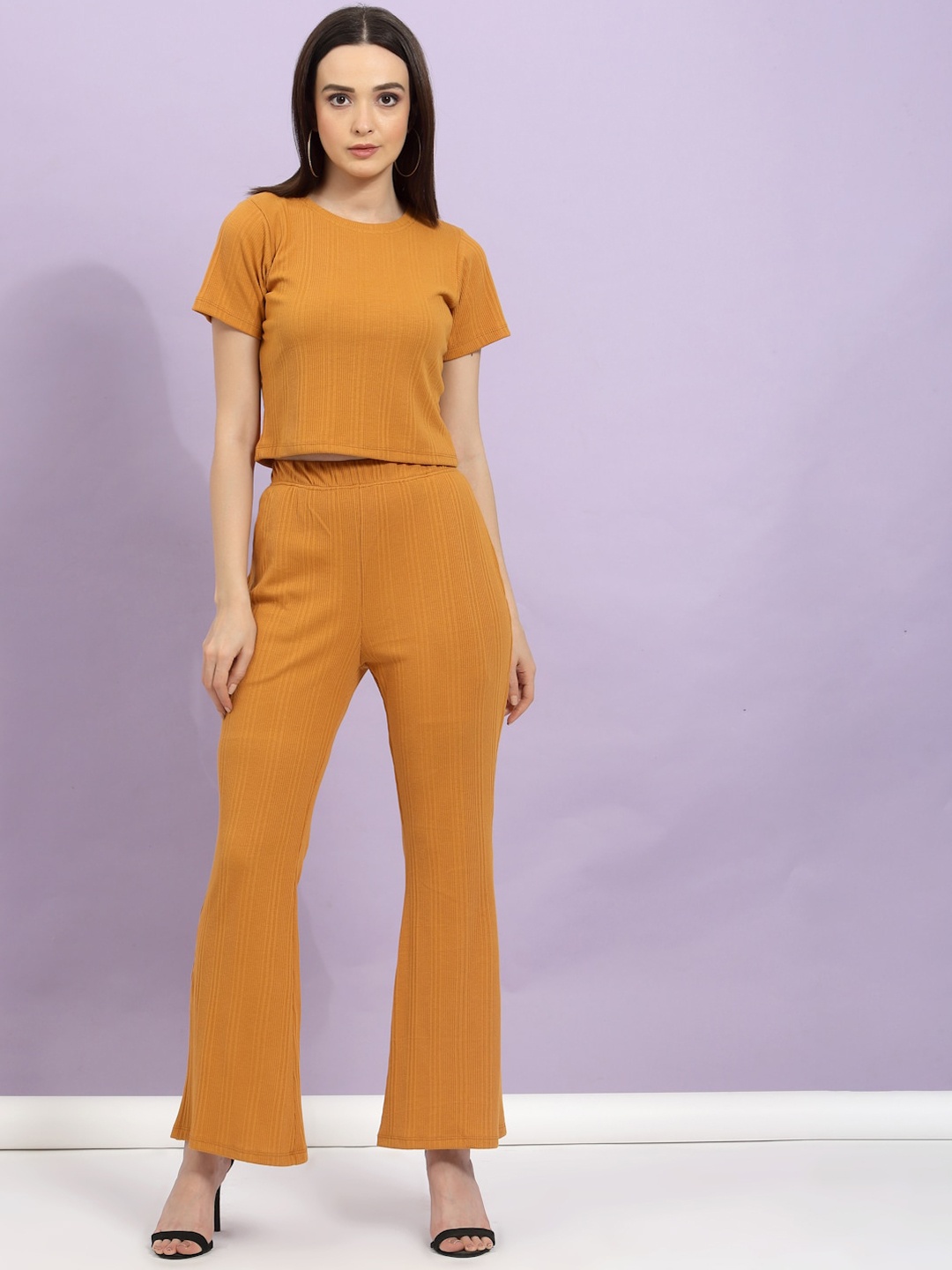

Rigo Striped Round Neck Top & Flared Trousers Pure Cotton Co-Ords, Camel brown
