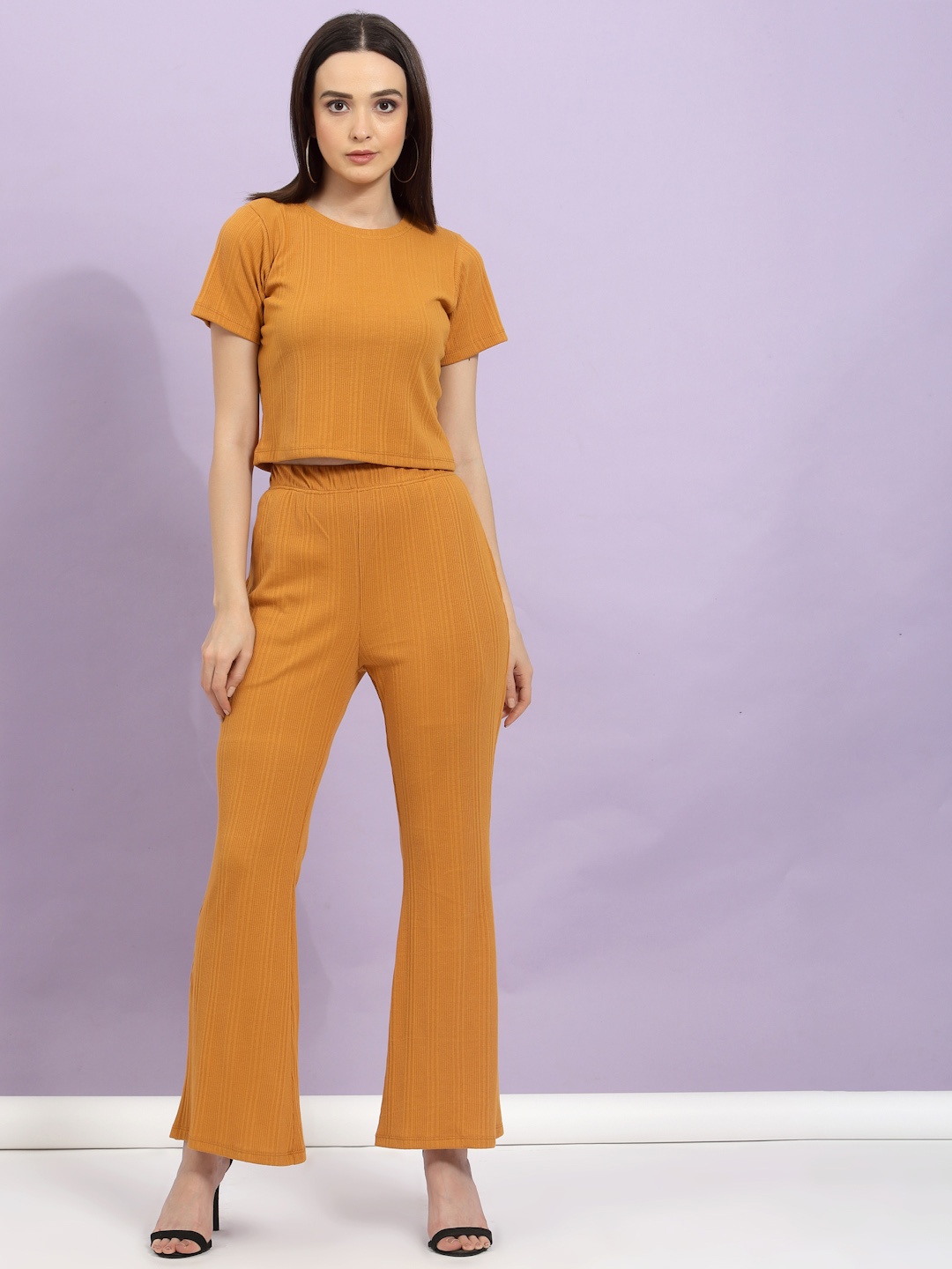 

Rigo Striped Round Neck Top & Flared Trousers Pure Cotton Co-Ords, Camel brown