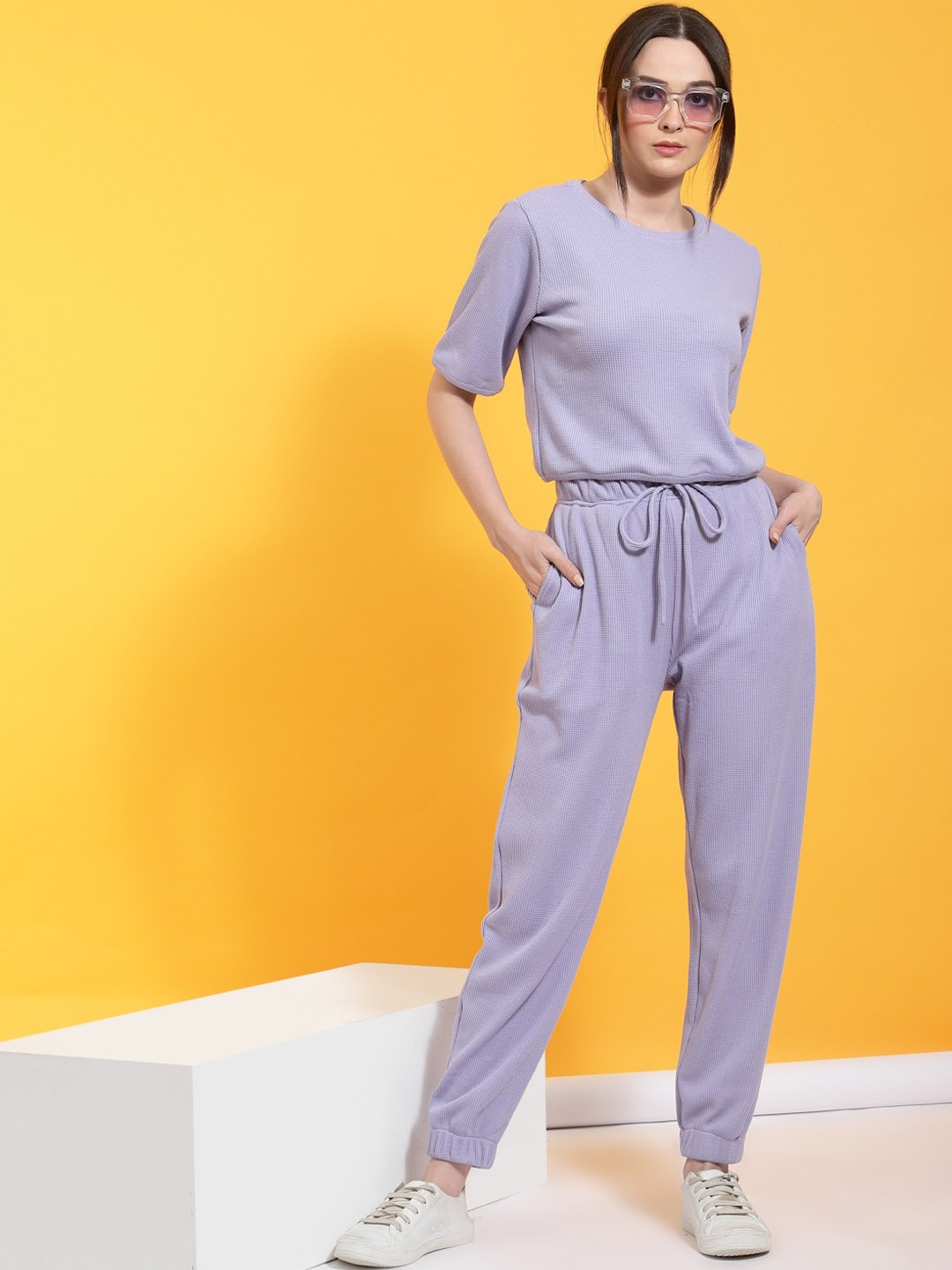 

Rigo Round Neck Top & Mid-Rise Joggers Pure Cotton Co-Ords, Purple