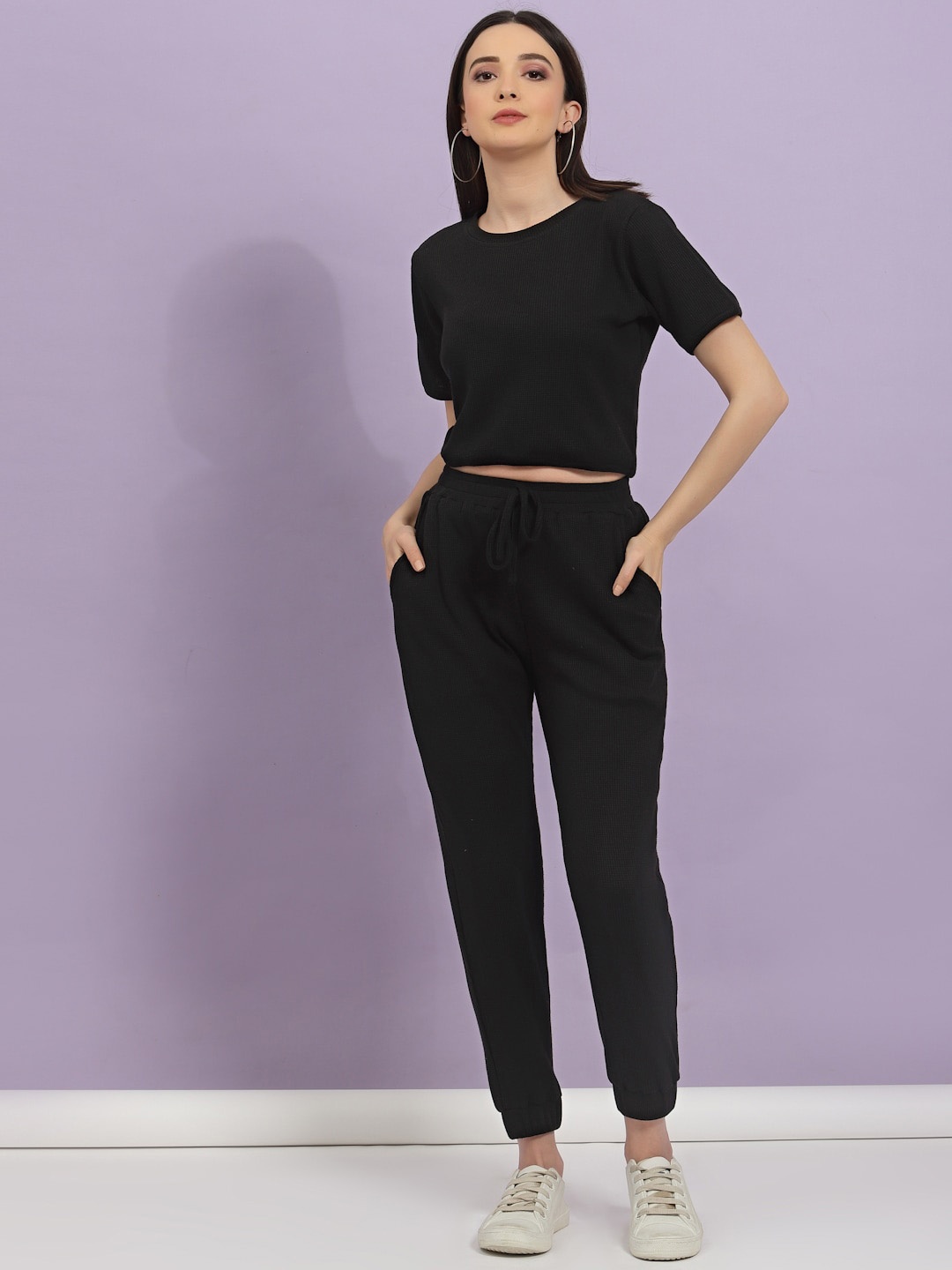 

Rigo Pure Cotton Top With Trousers Waffle Co-Ords Set, Black