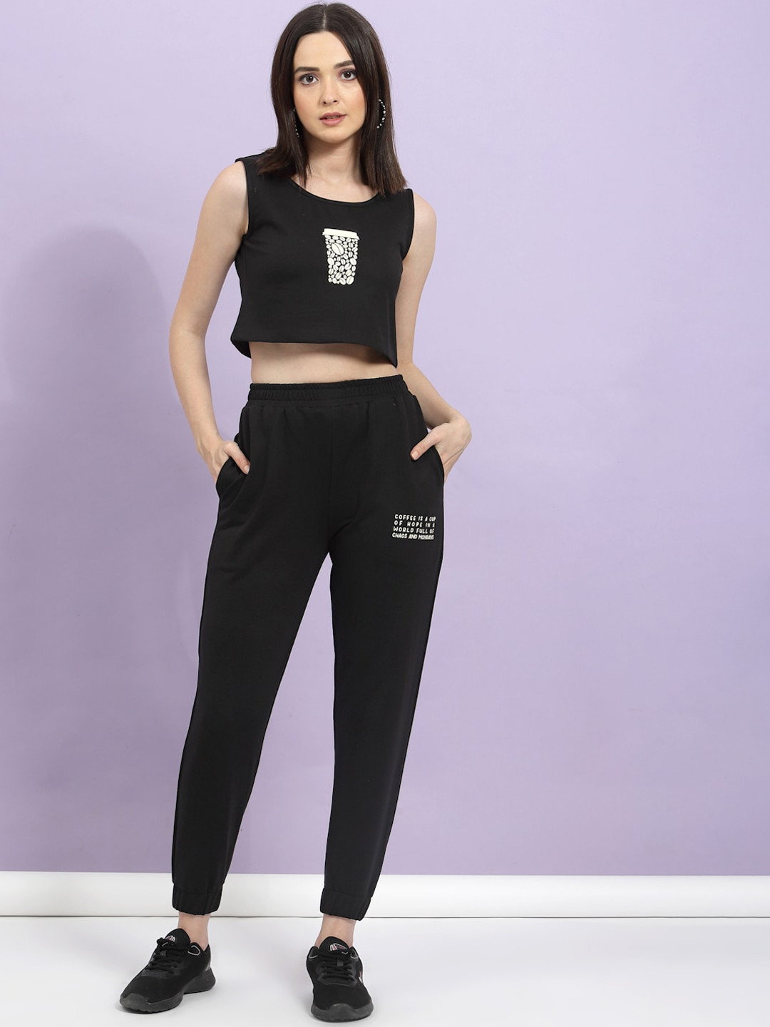 

Rigo Printed Pure Cotton Top Jogger Co-Ord Set, Black