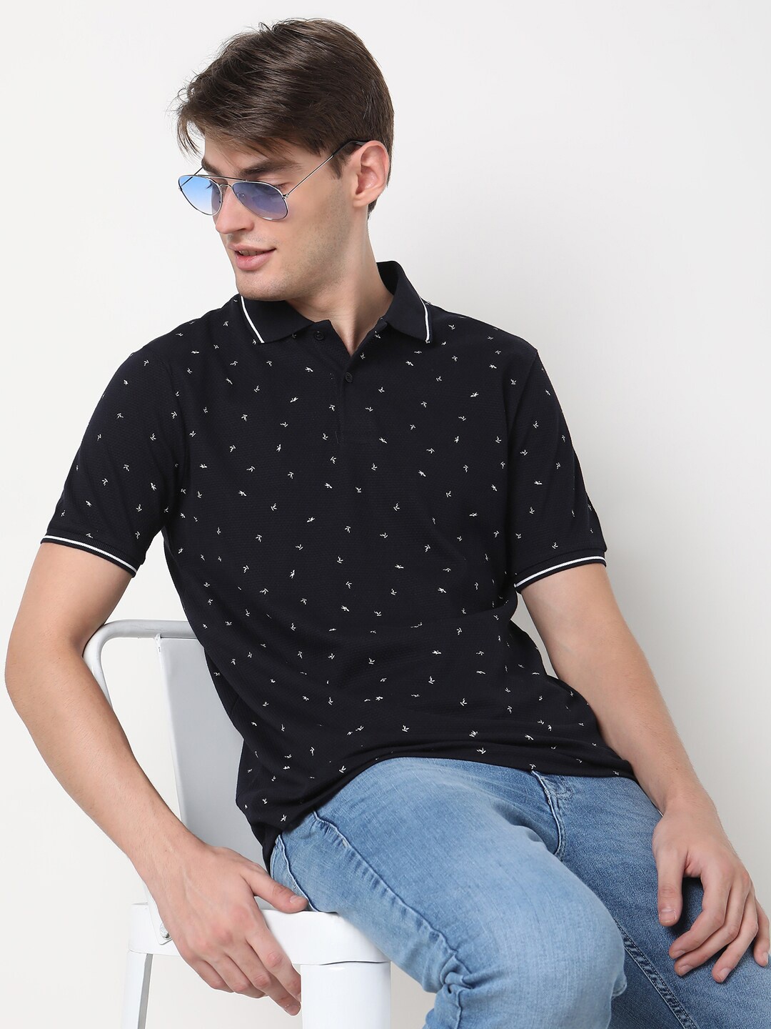 

R&B Conversational Printed Polo Collar T-shirt, Navy blue