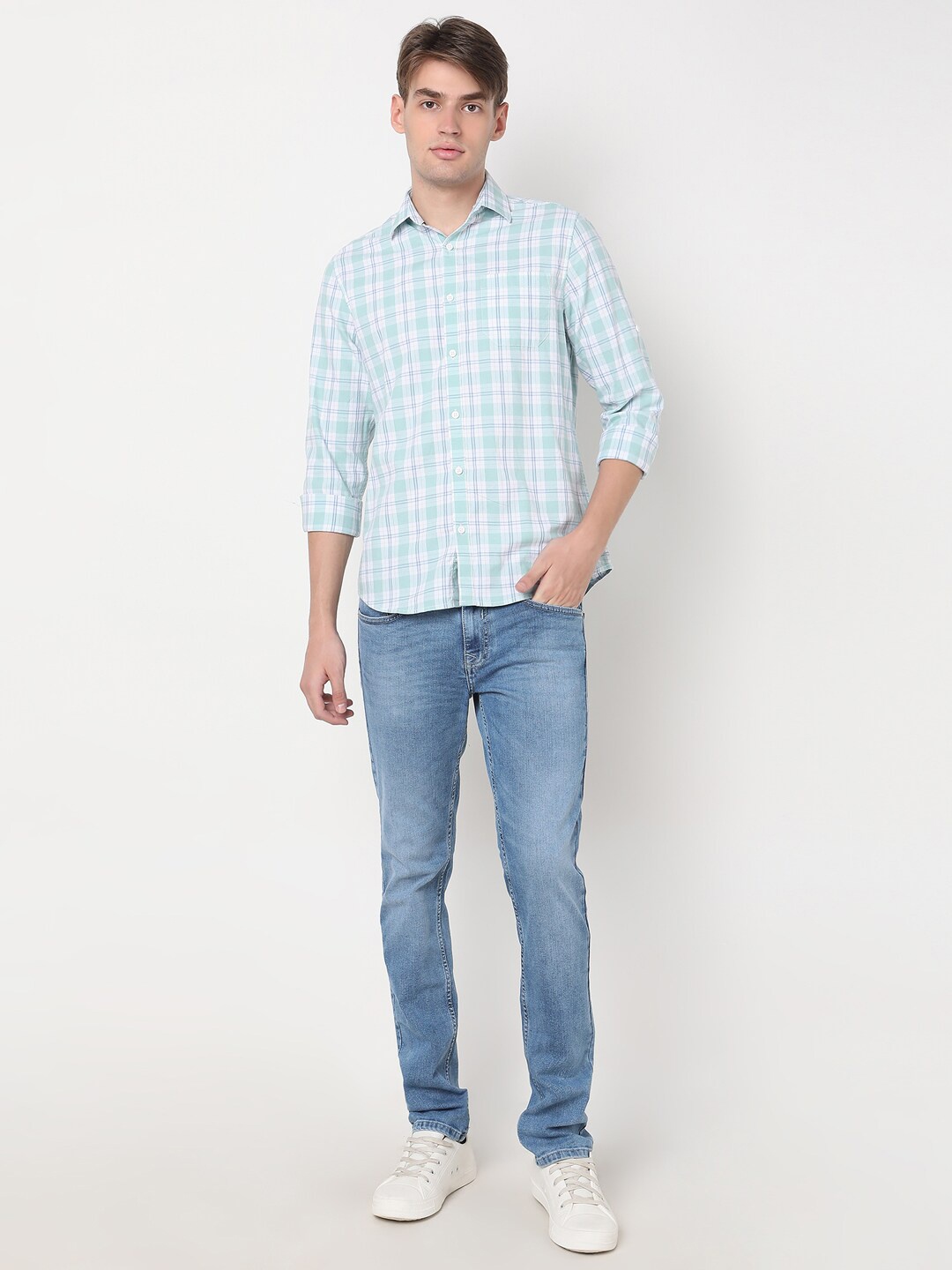 

R&B Spread Collar Long Sleeves Checked Cotton Regular Fit Casual Shirt, Green