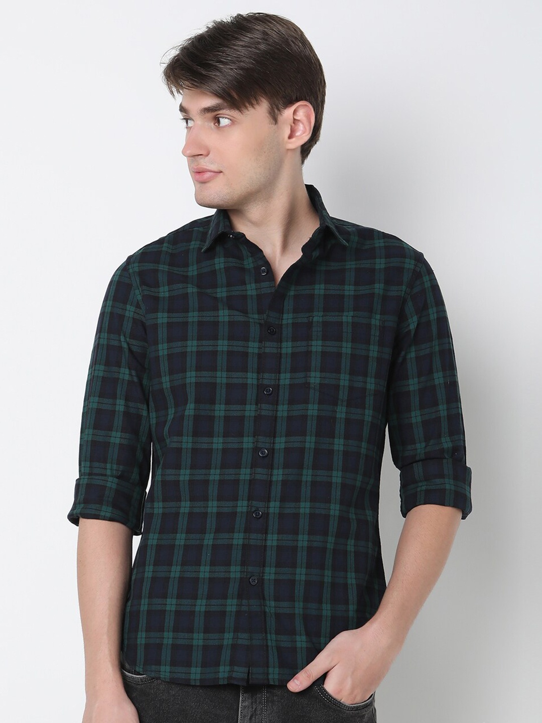 

R&B Spread Collar Long Sleeves Checked Cotton Regular Fit Casual Shirt, Green