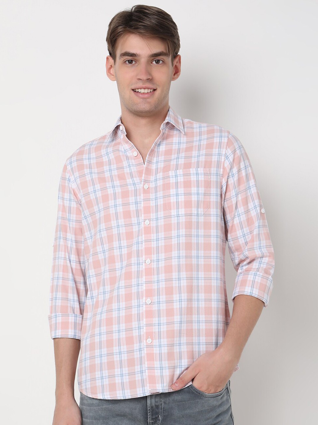 

R&B Spread Collar Long Sleeves Checked Cotton Regular Fit Casual Shirt, Pink