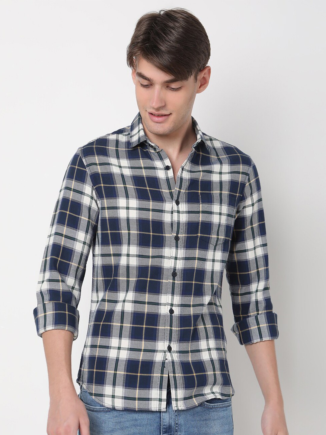 

R&B Spread Collar Long Sleeves Checked Cotton Regular Fit Casual Shirt, Blue