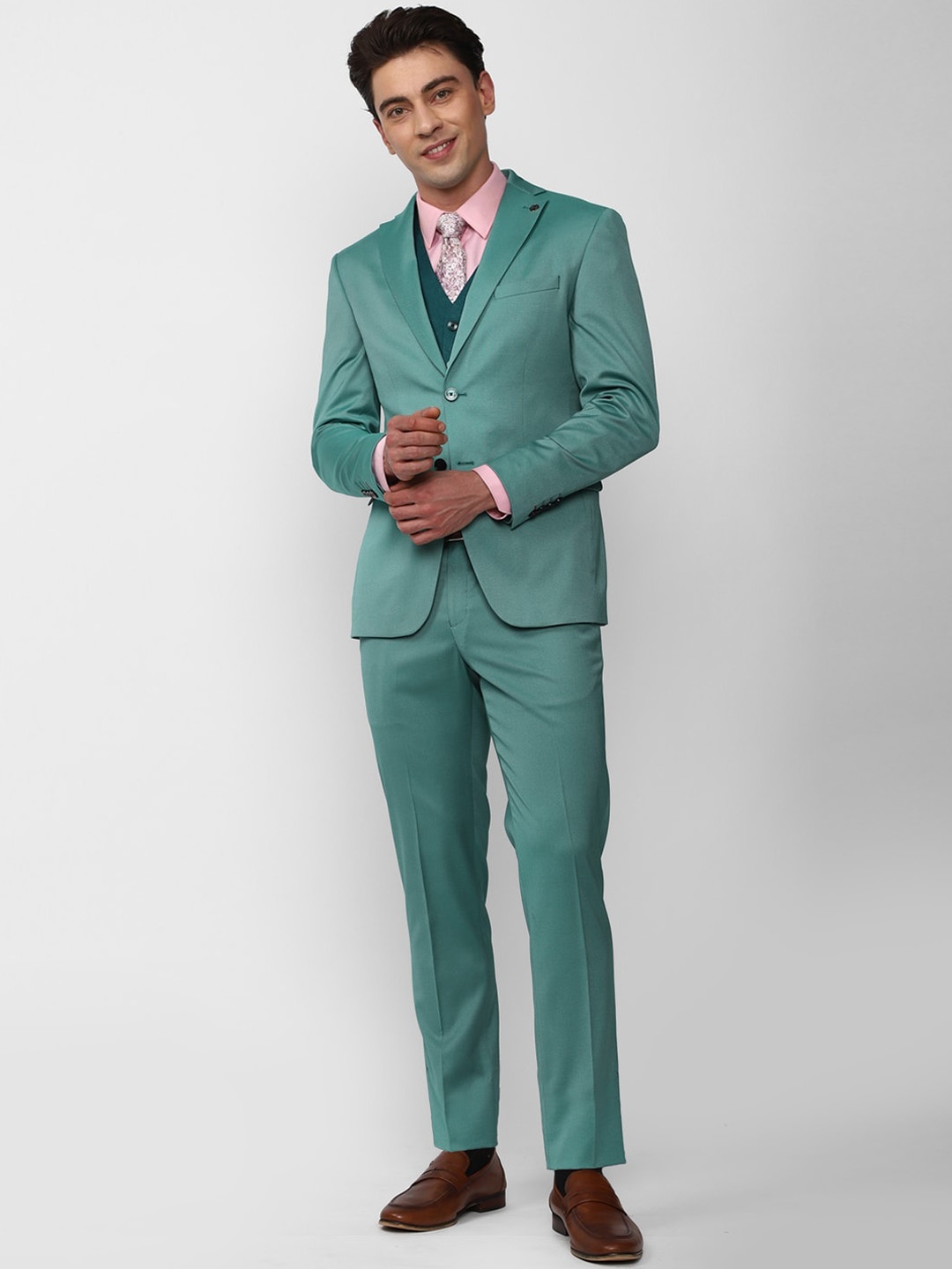 

Peter England Elite Notched Lapel Collar Slim Fit Three Piece Party Suit, Green