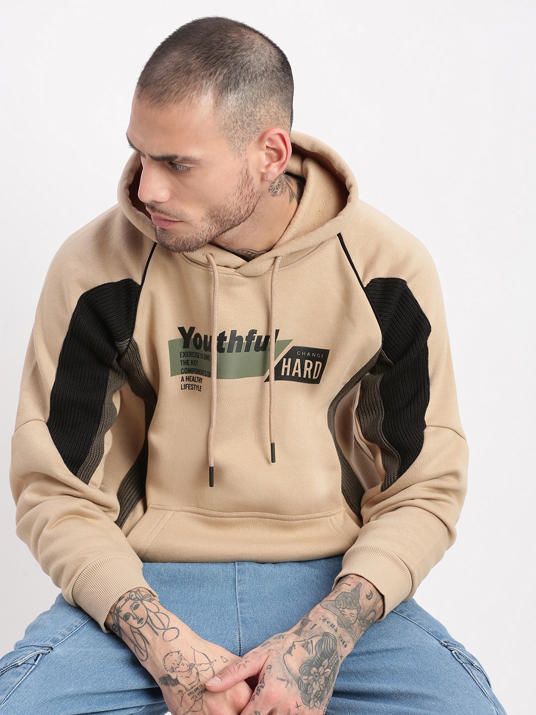 

SHOWOFF Printed Cotton Hooded Pullover Sweatshirt, Beige
