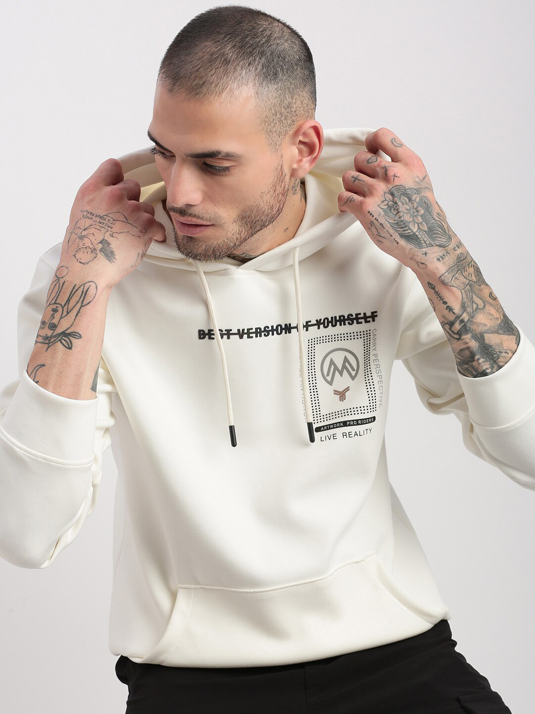 

SHOWOFF Printed Cotton Hooded Pullover Sweatshirt, Off white