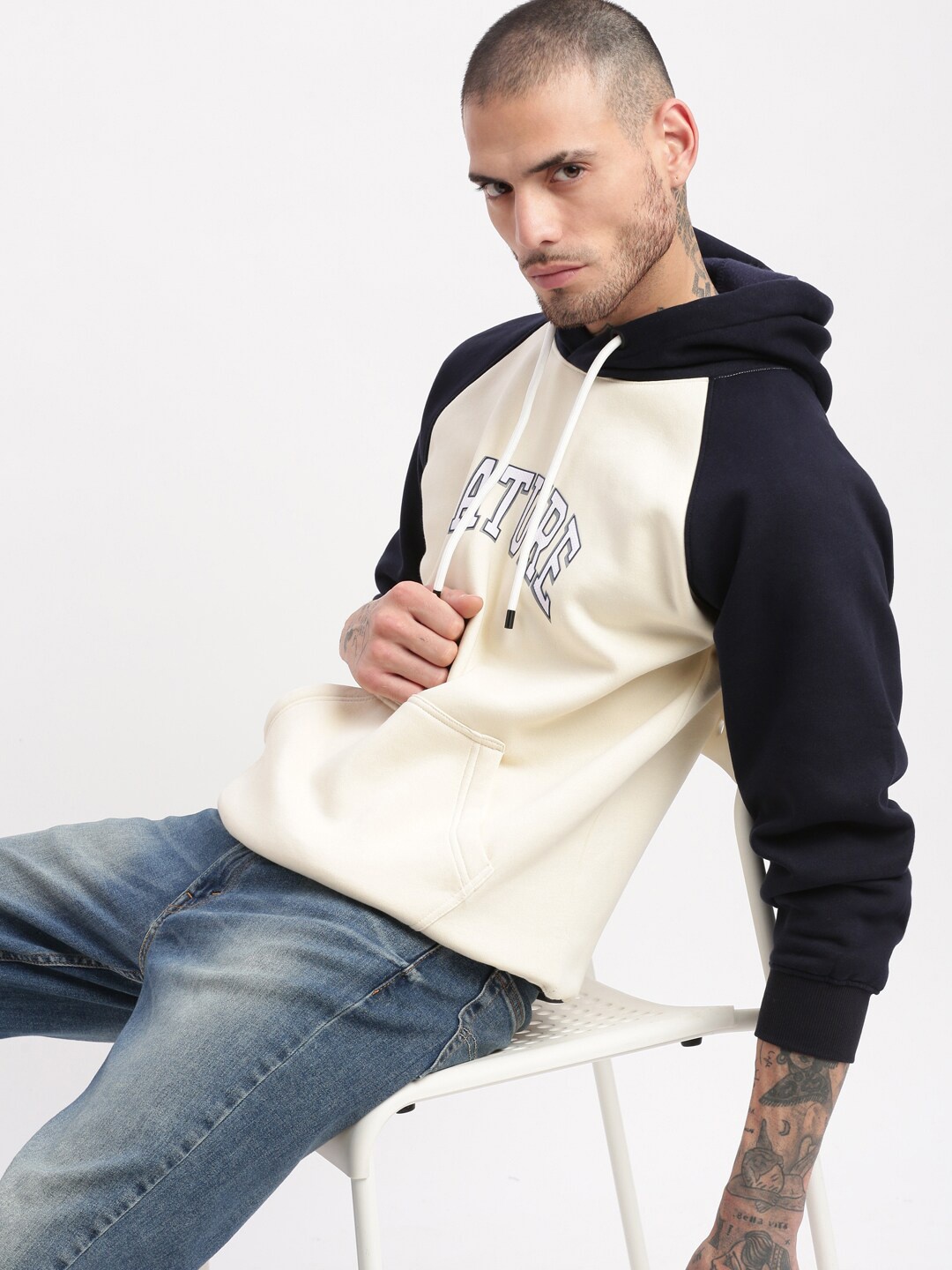 

SHOWOFF Printed Cotton Hooded Pullover Sweatshirt, Cream