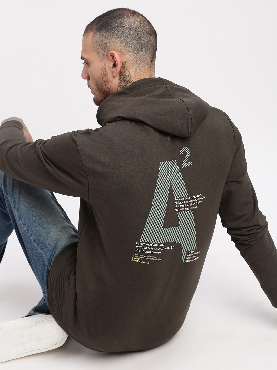 

SHOWOFF Typography Printed Cotton Terry Hood Pullover Sweatshirt, Olive