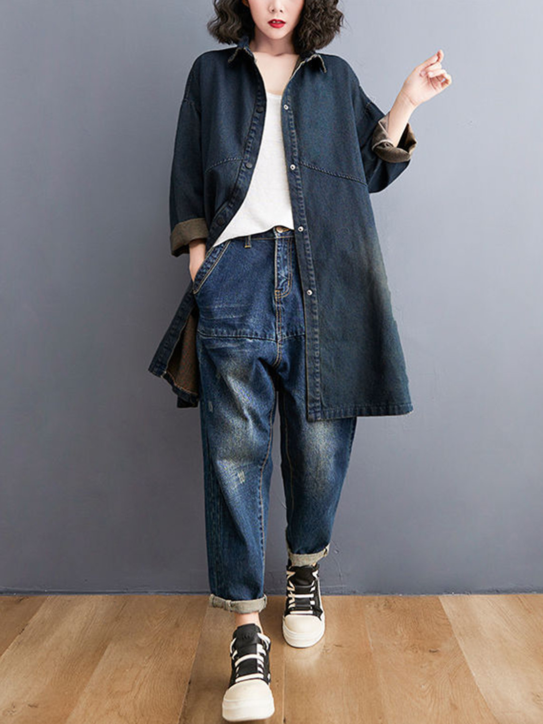 

StyleCast x Revolte Notched Lapel Collar Cotton Overcoat, Blue