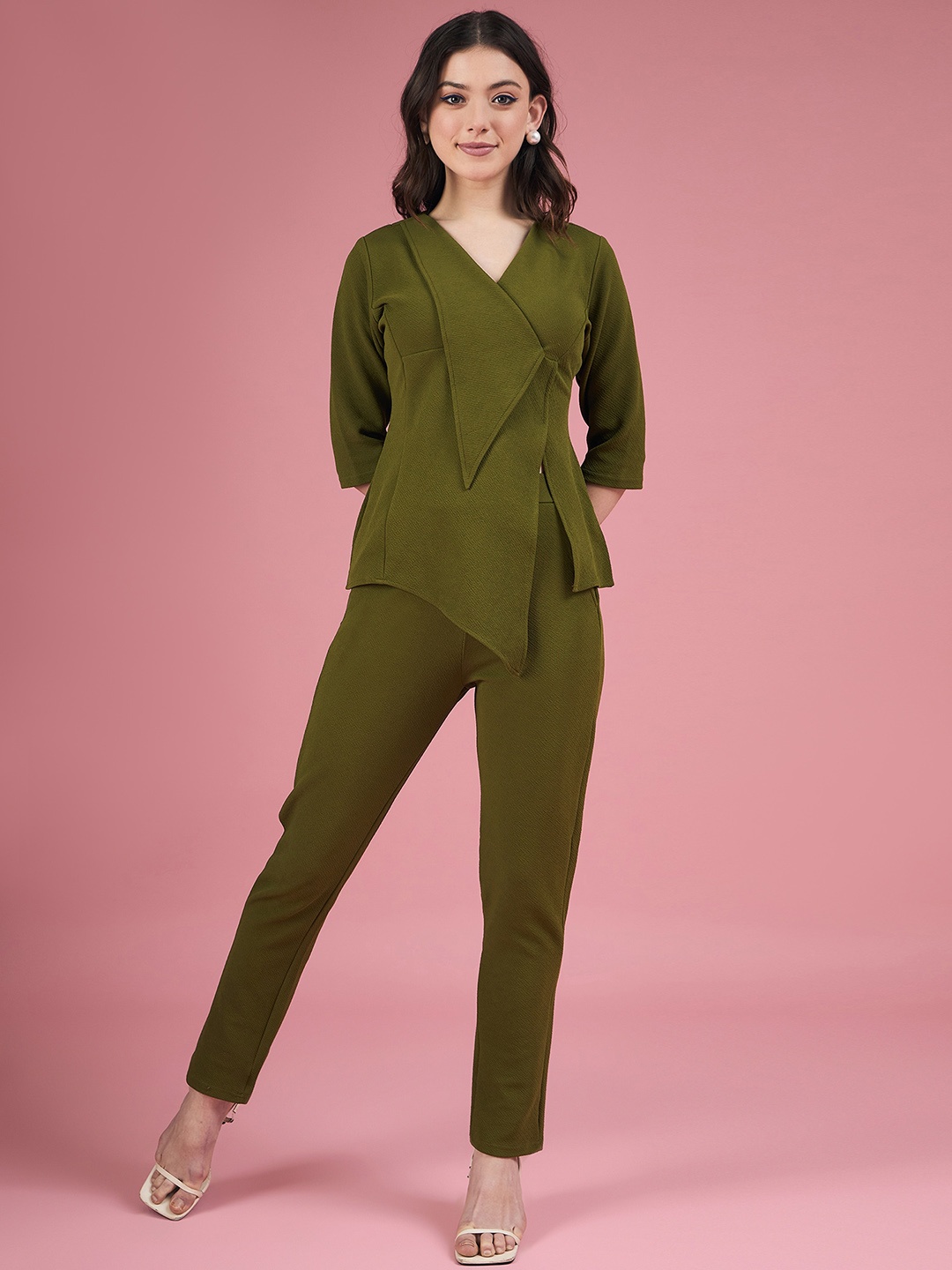 

DressBerry Olive Solid V-Neck Asymetric Casual Top With Trousers