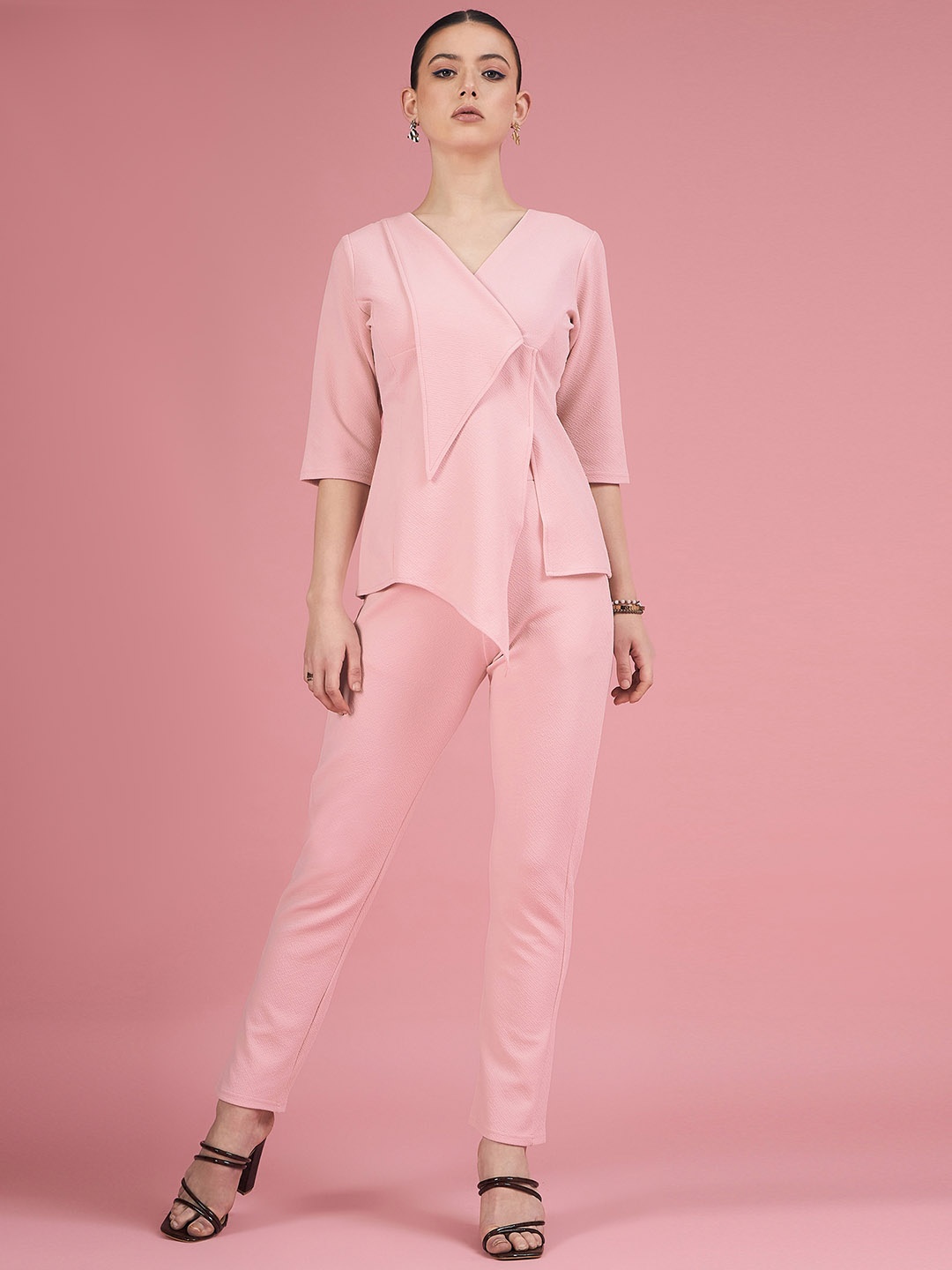 

DressBerry Peach Solid V-Neck Assymetric Casual Top With Trousers