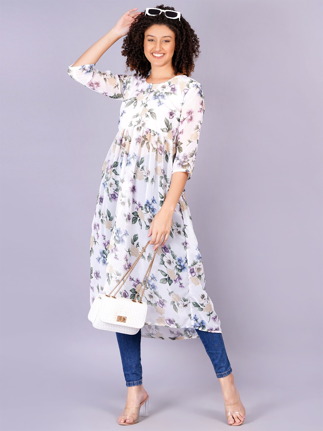 

JC4U Floral Printed Fit & Flare Midi Dress, White
