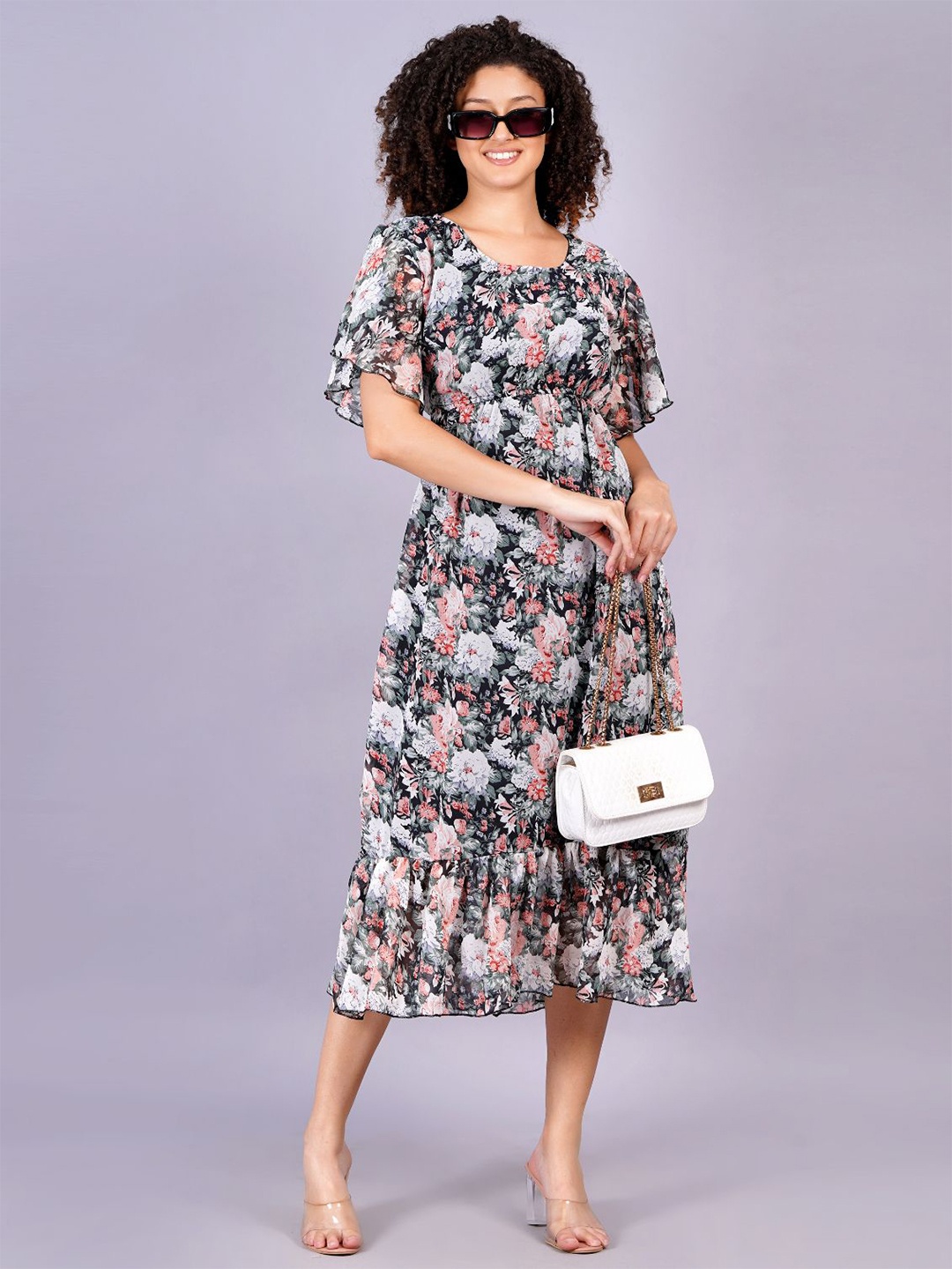 

JC4U Floral Printed Fit & Flare Midi Dress, Black