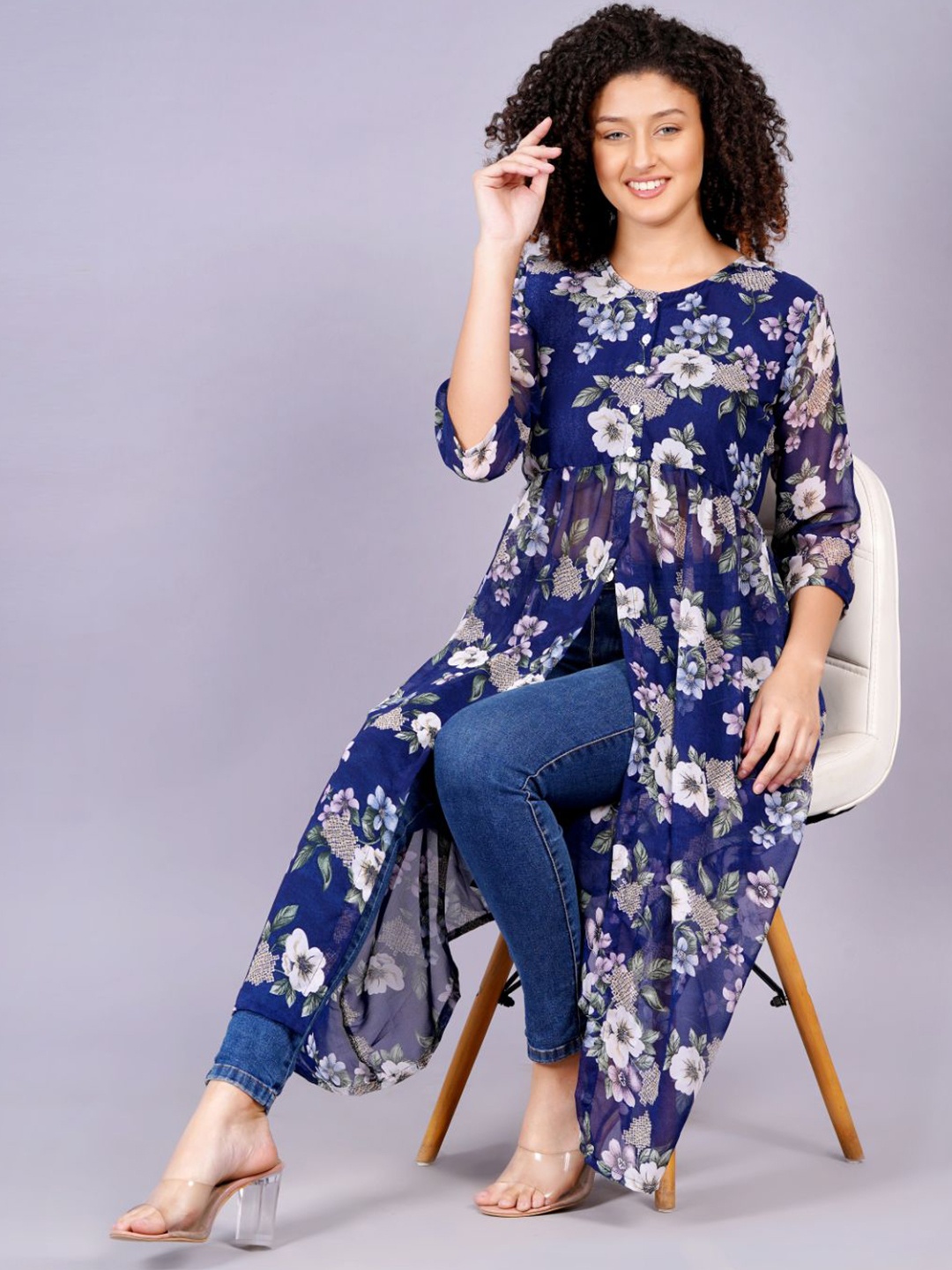 

JC4U Floral Printed Georgette Front Slit Tunic, Blue