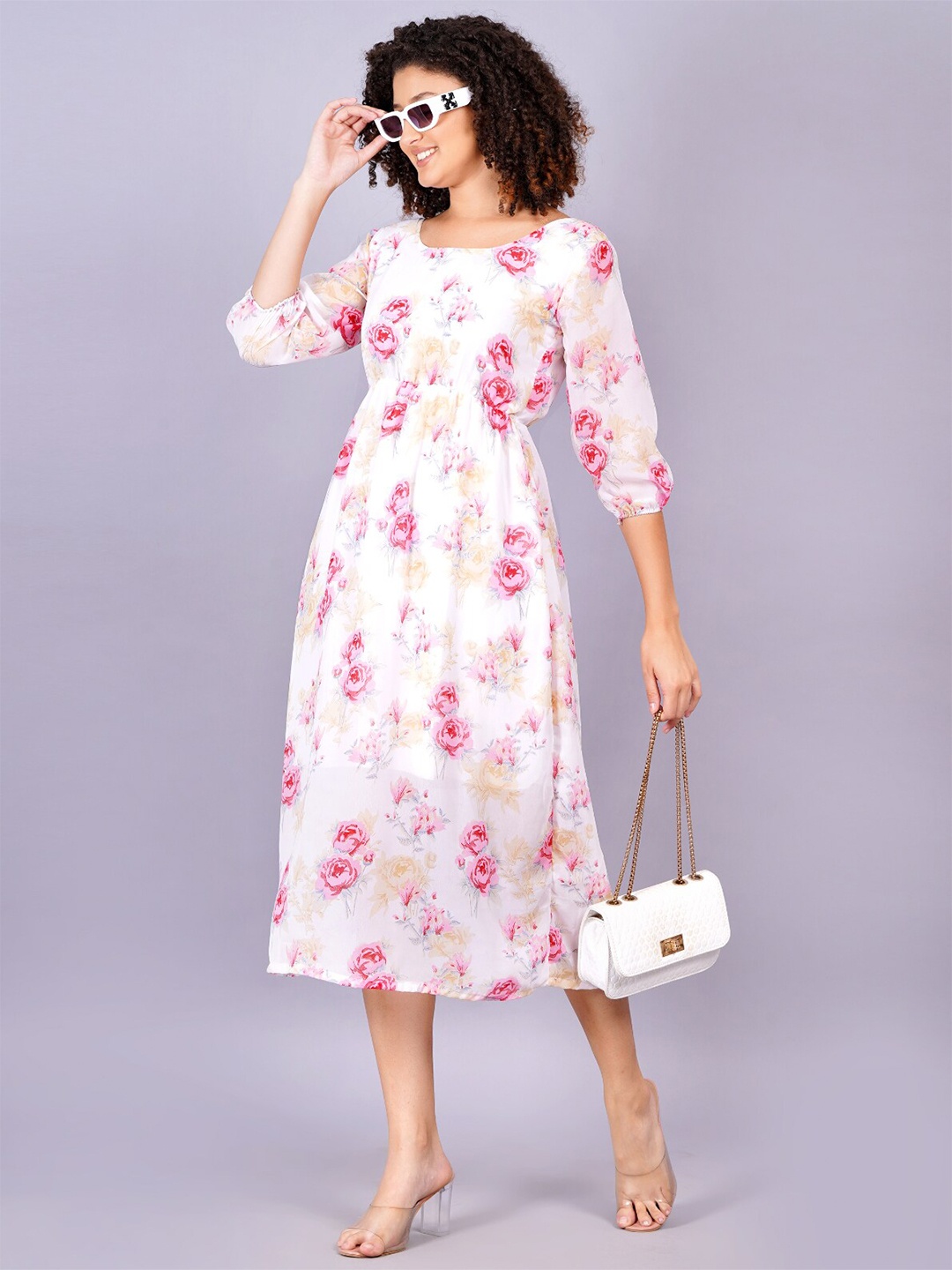 

JC4U Floral Printed Fit & Flare Midi Dress, Peach