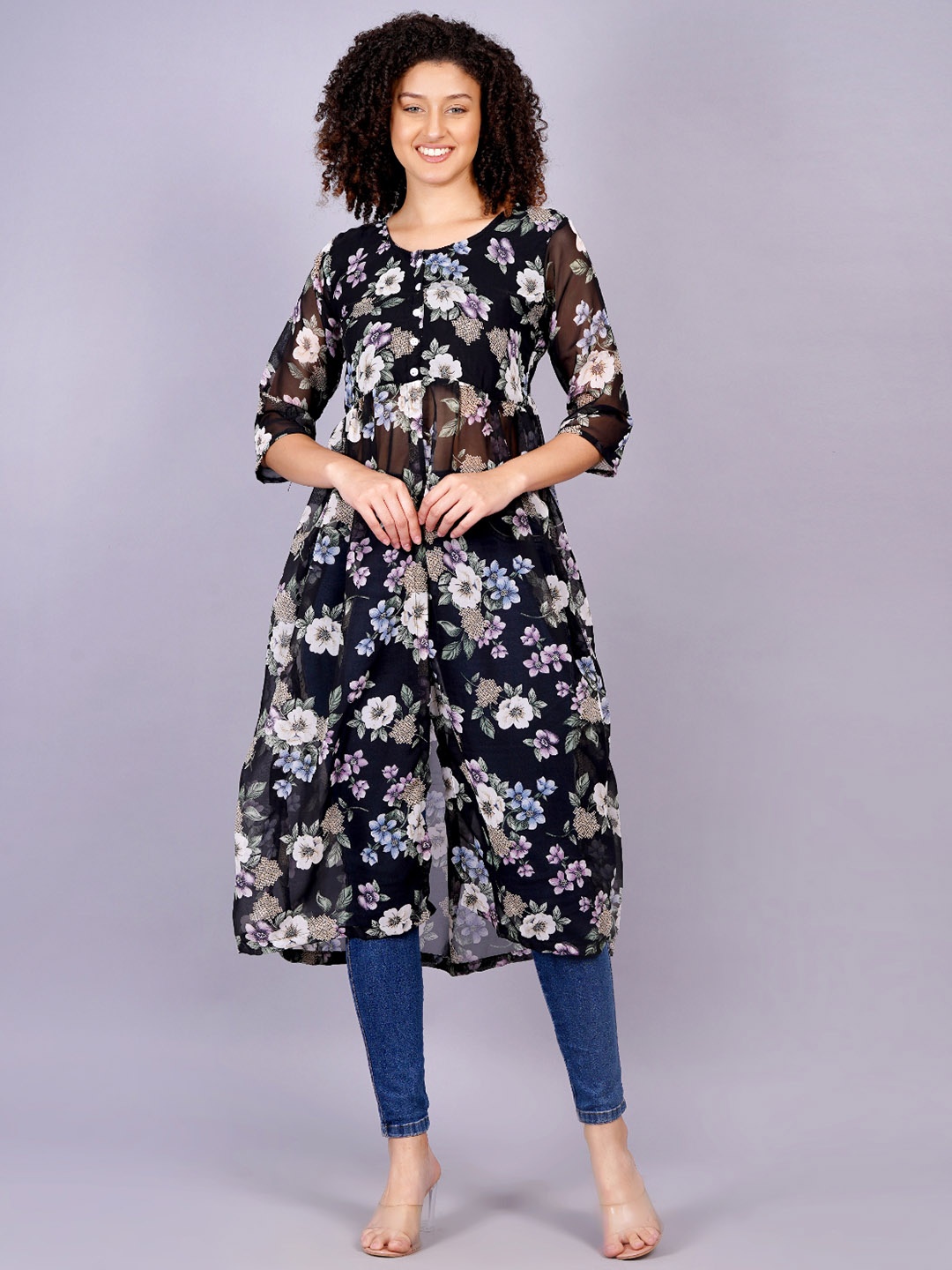 

JC4U Floral Printed Georgette A-Line Midi Dress, Black