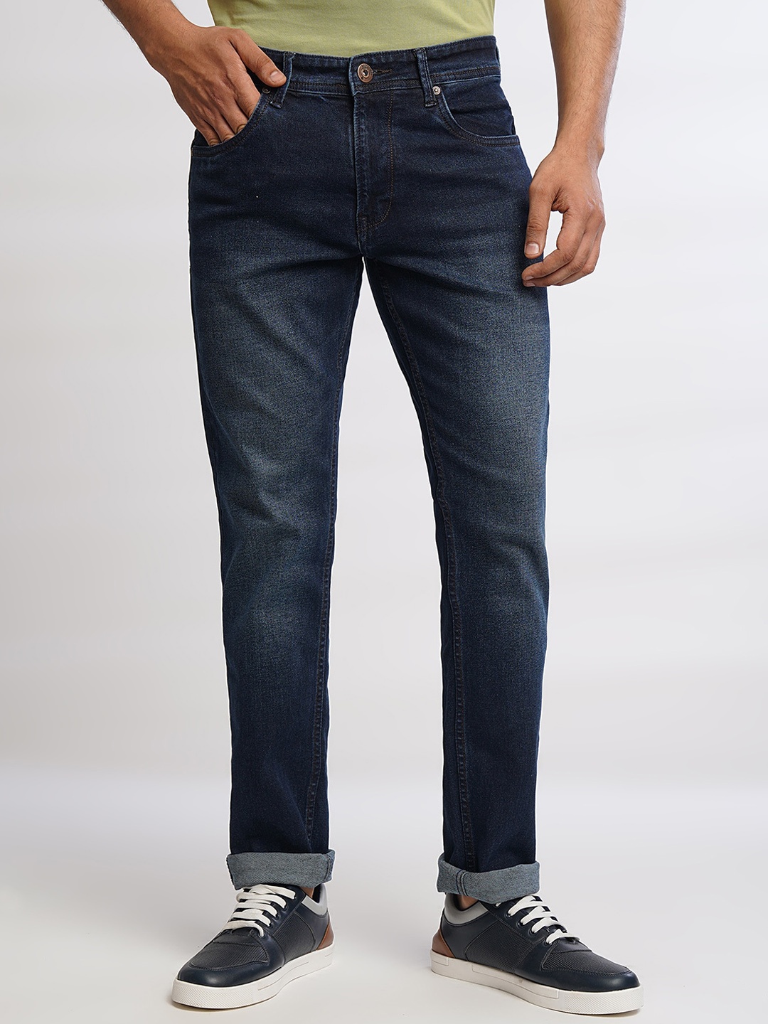 

Greenfibre Men Slim Fit Mid Rise Washed Clean Look Heavy Fade Cotton Jeans, Navy blue