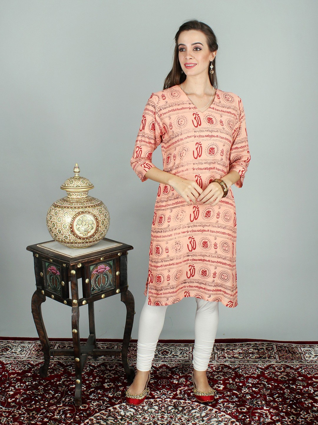 

Exotic India Geometric Printed Cotton Straight Kurta, White