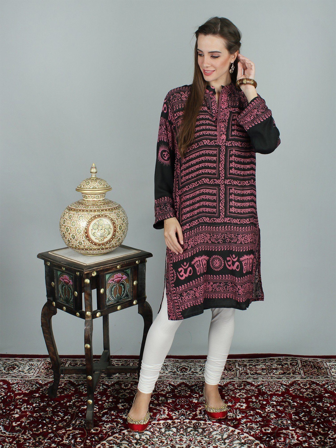 

Exotic India Geometric Printed Mandarin Collar Pure Cotton Straight Kurta, Black