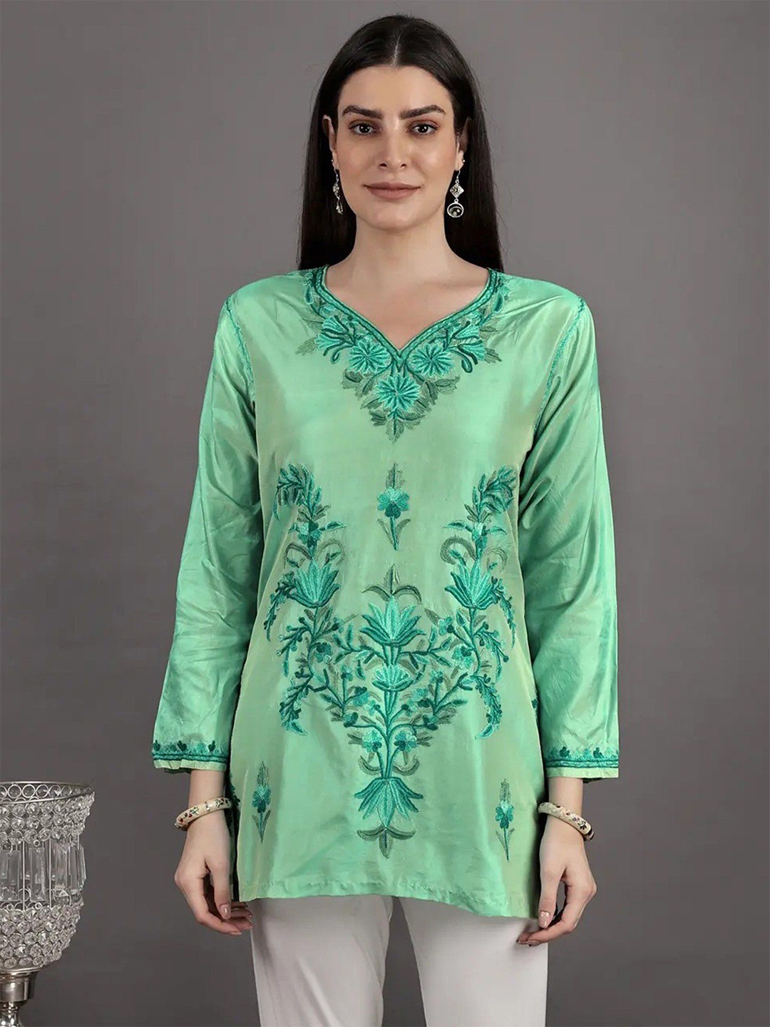 

Exotic India Beveled Glass Silk Kashmiri Short Kurti with Aari Embroidery, Green