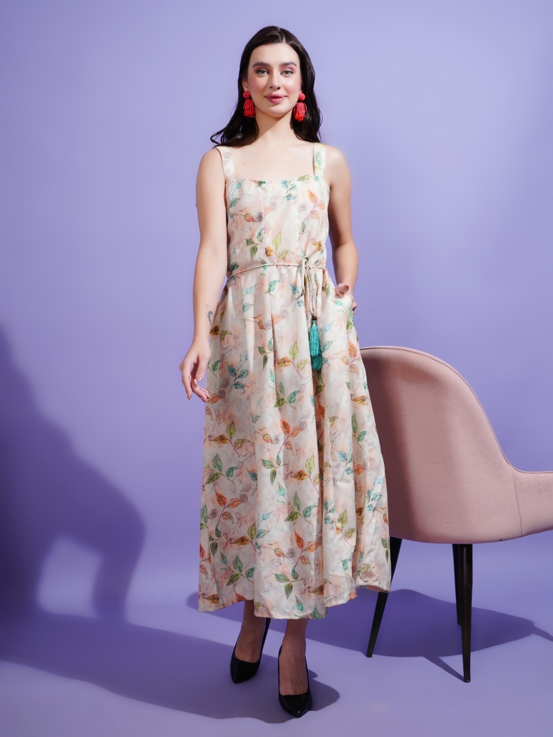 

Boholyfe Floral Print Shoulder Straps Fit & Flare Midi Dress, Off white