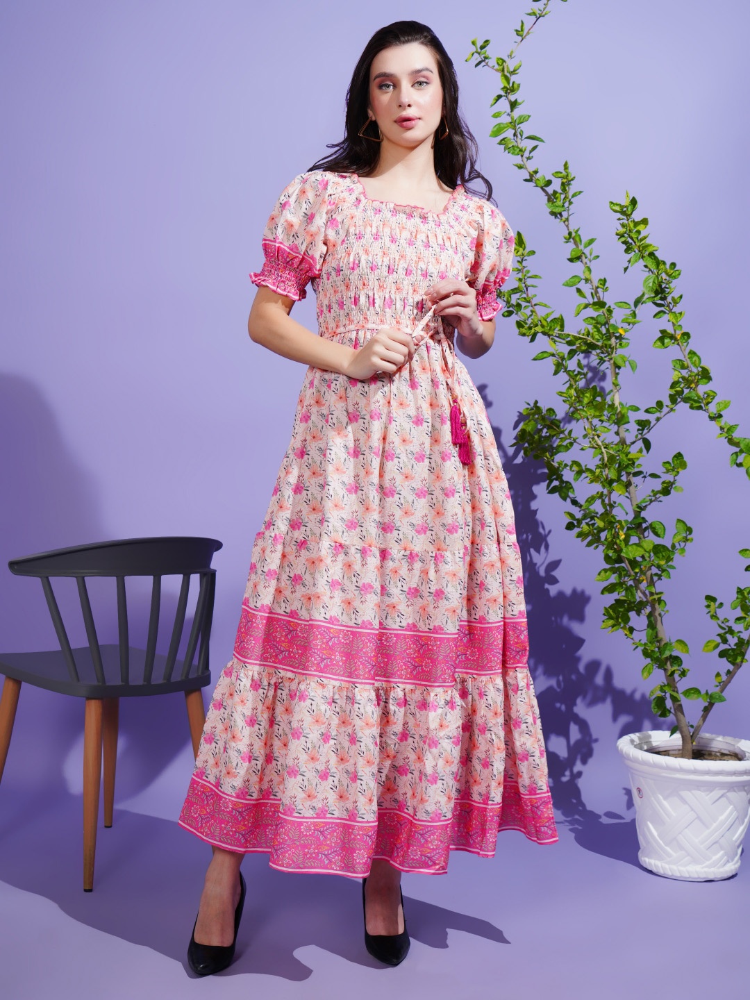 

Boholyfe Floral Print Off-Shoulder Short Puff Sleeves Fit and Flare Dress, Pink