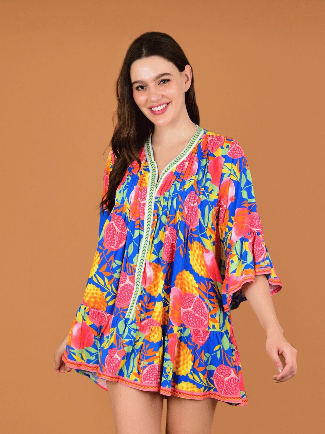 

Boholyfe Floral Printed Bell Sleeve Flared V-Neck Kaftan Mini Dress, Blue