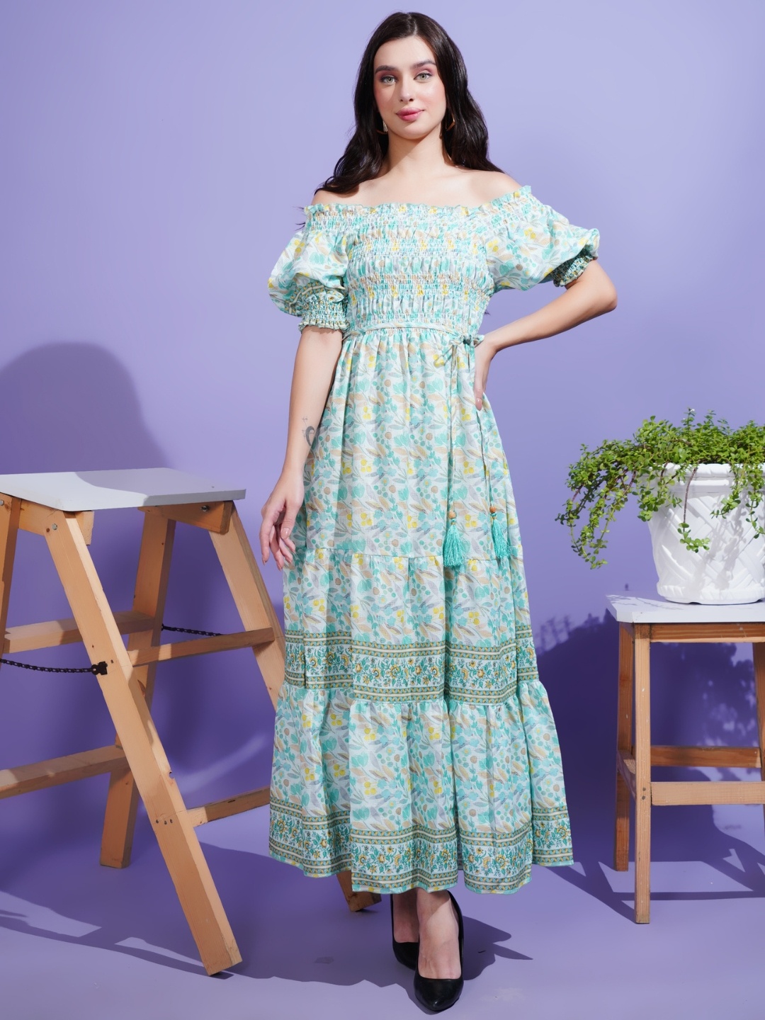 

Boholyfe Floral Print Square Neck Short Puff Sleeves Fit & Flare Maxi Dress, Green