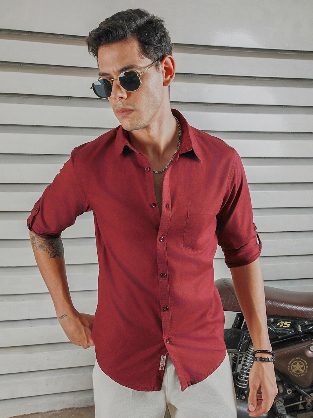 

High Star Classic Spread Collar Roll Up Sleeves Cotton Casual Shirt, Red